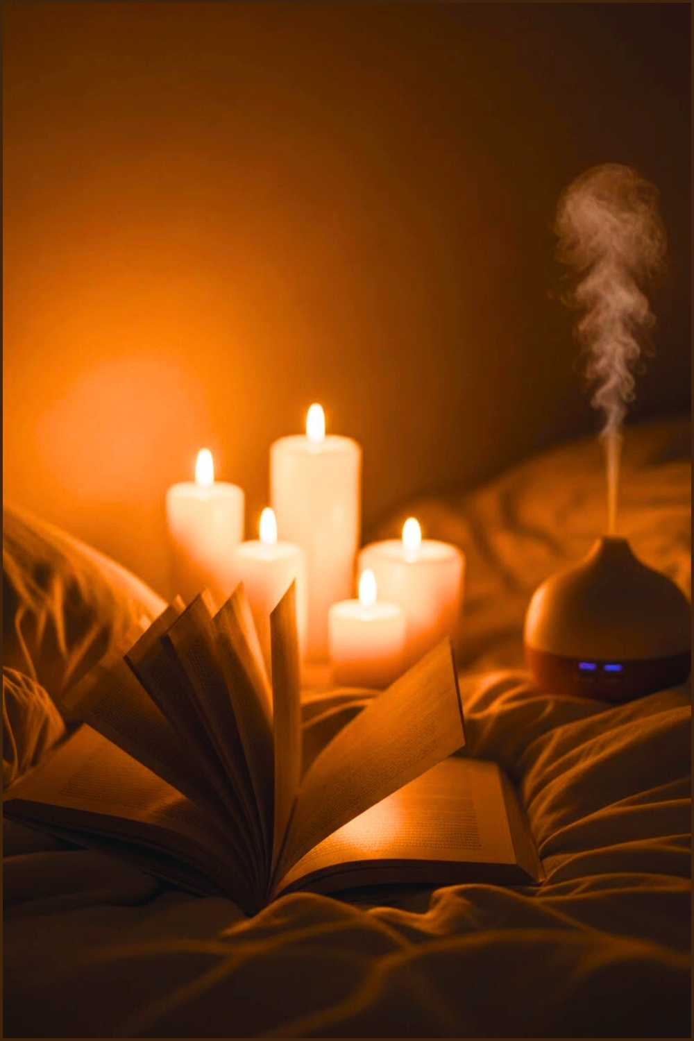 Calm Cozy Bedtime Reading Scene, Open Book On Bed