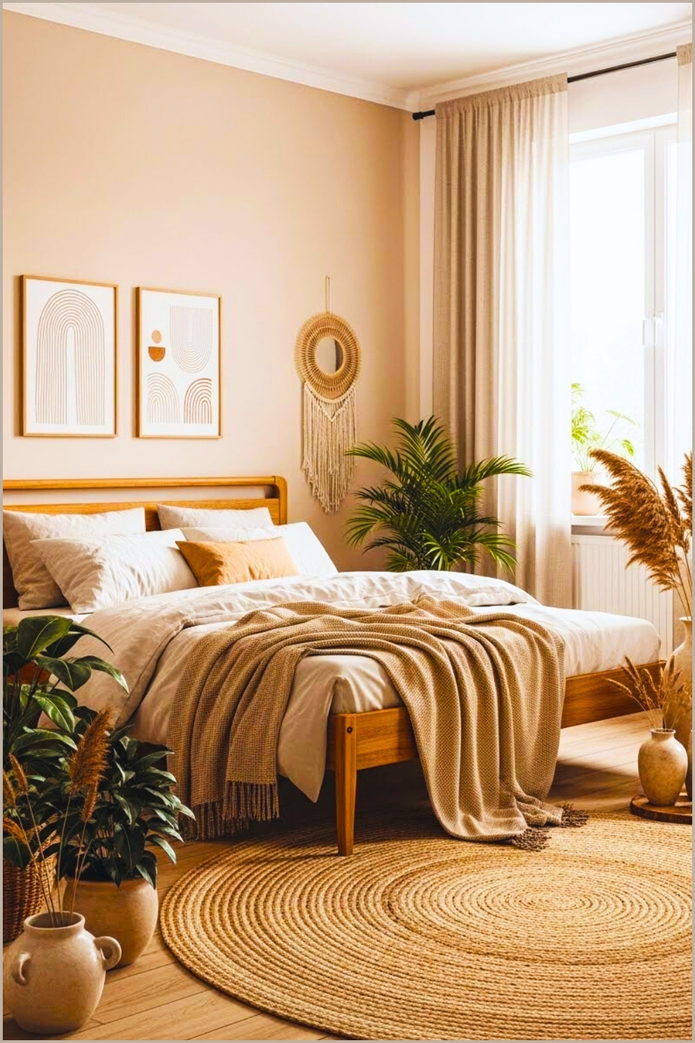 Calm Nature Inspired Bedroom With Warm Neutral Walls Wooden