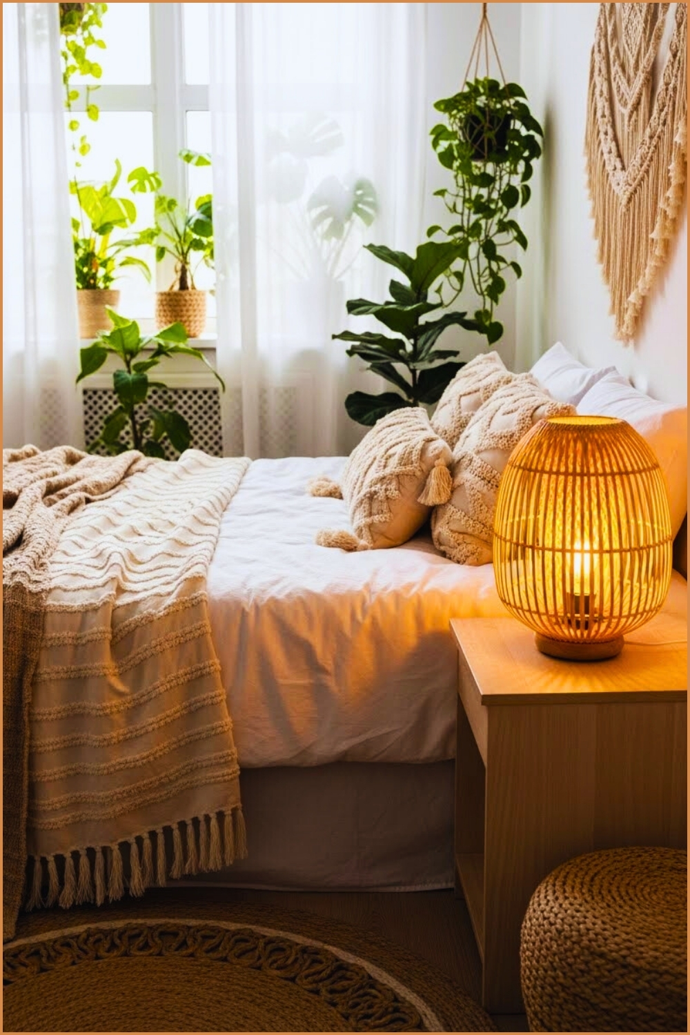 Calming Minimalist Boho Bedroom Warm Glowing Rattan
