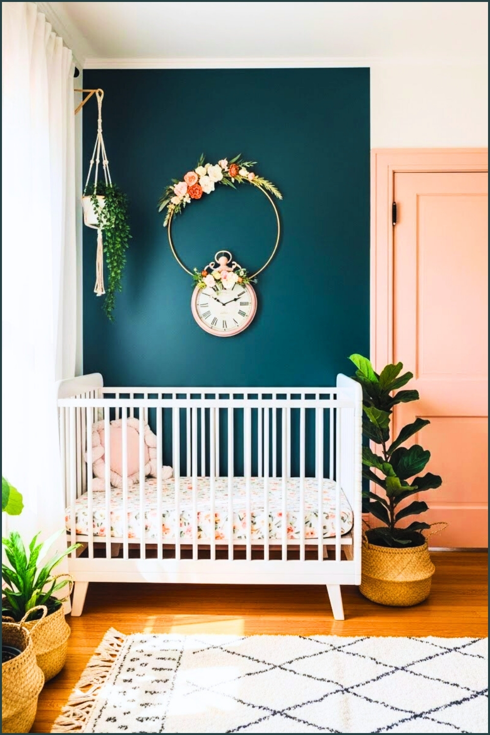 Charming Baby Girl Nursery, Dark Teal Accent Wall