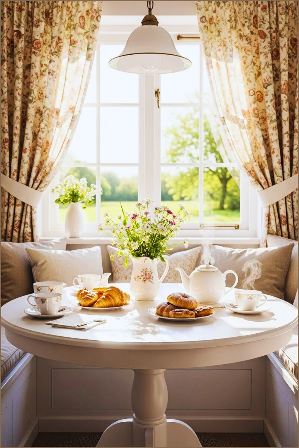 Charming Cottage Breakfast Nook With Vintage Floral Curtains