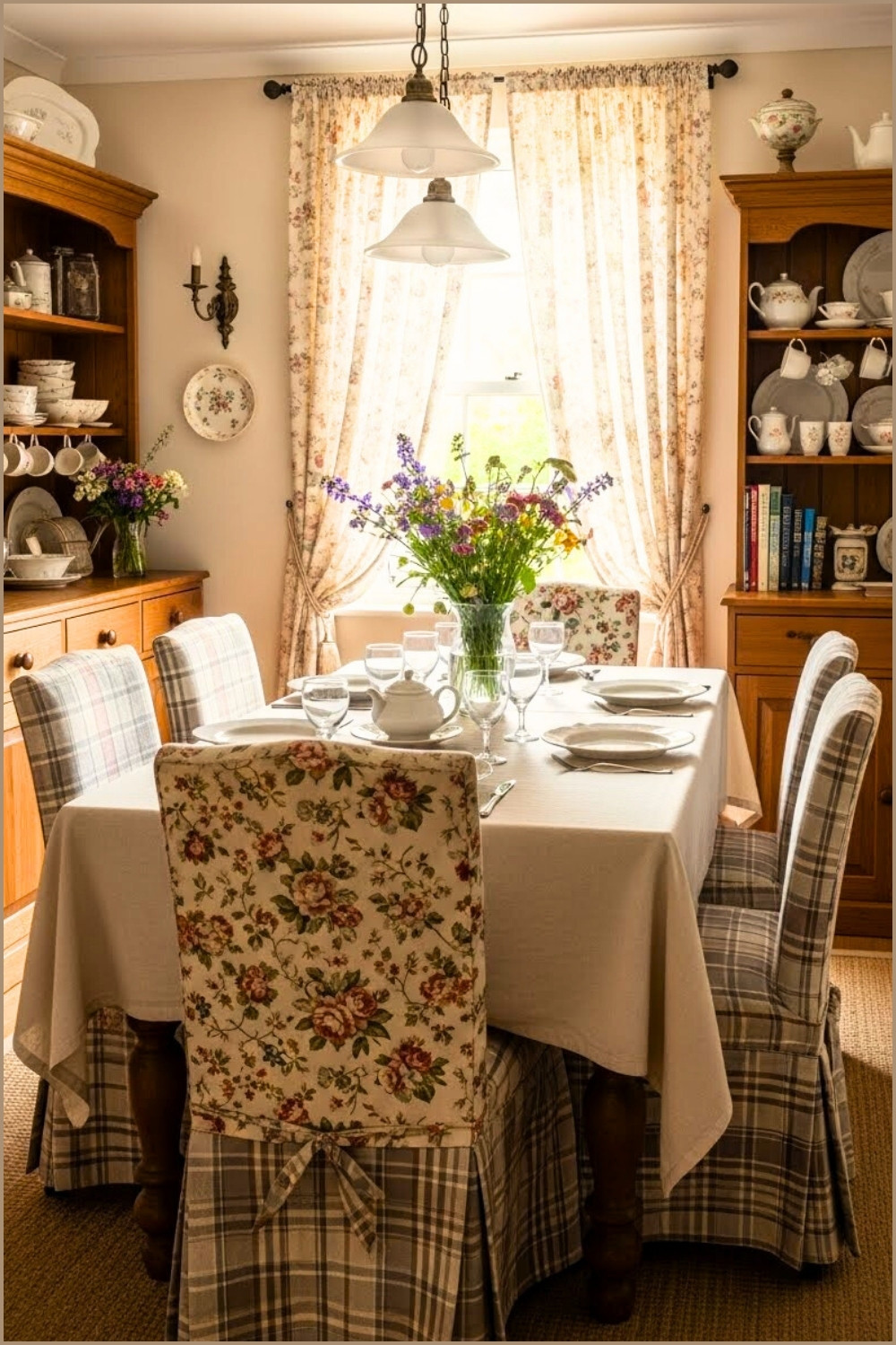 Charming Cottage Dining Room Wooden Table With Cream Tablecloth