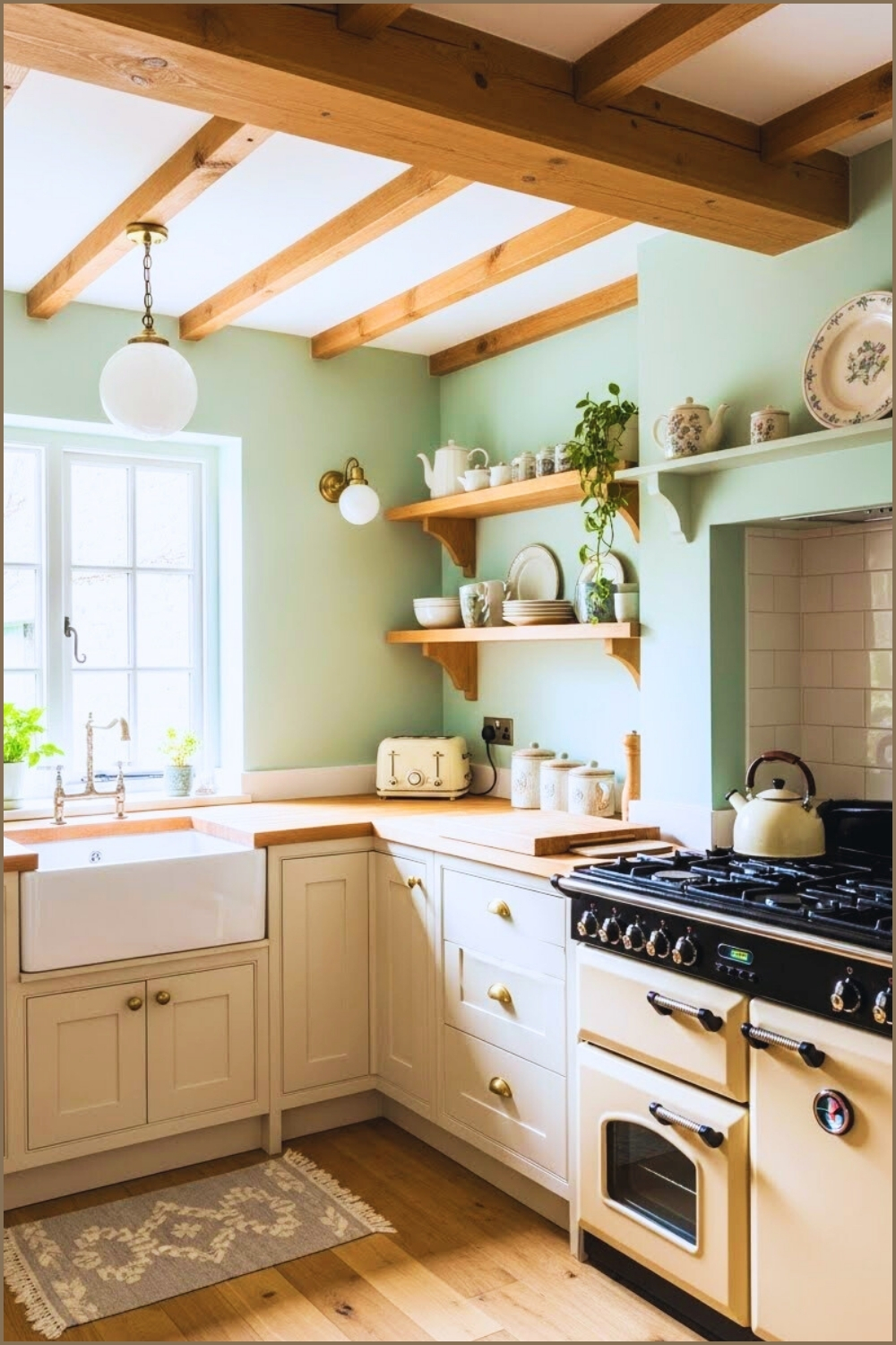 Charming Cottage Kitchen Interior Soft Mint Green
