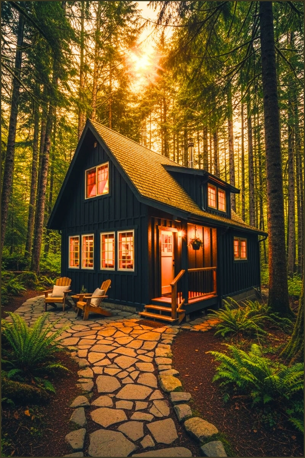 Charming Dark-painted Cabin In Forest Warm Glowing