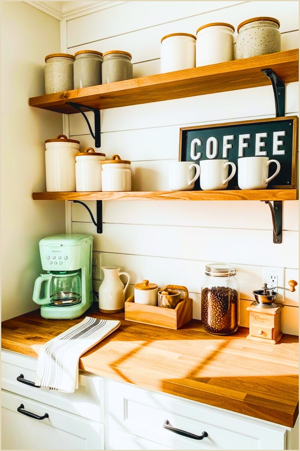 Charming Farmhouse Coffee Bar Corner With White Shaker