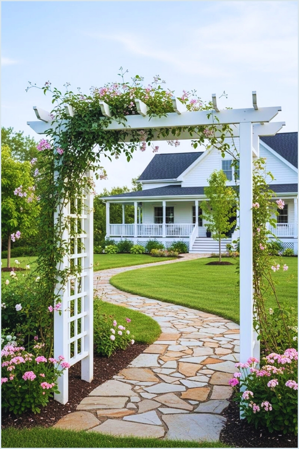 Charming Farmhouse Garden Entrance With A White Wooden
