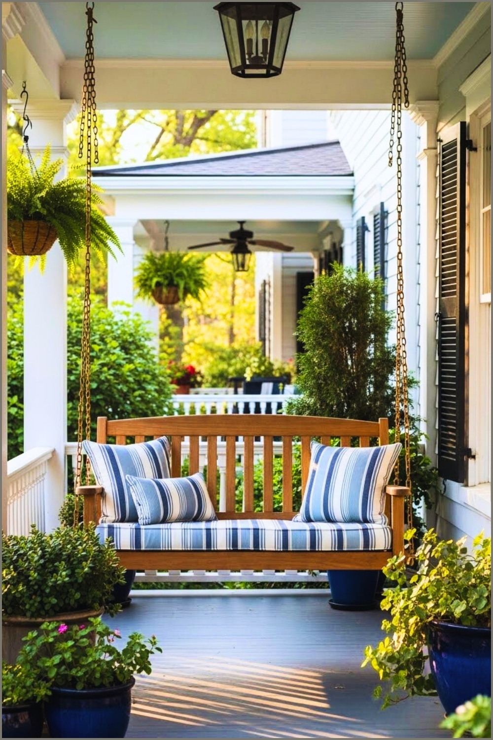 Charming Porch With Wooden Hanging Swing
