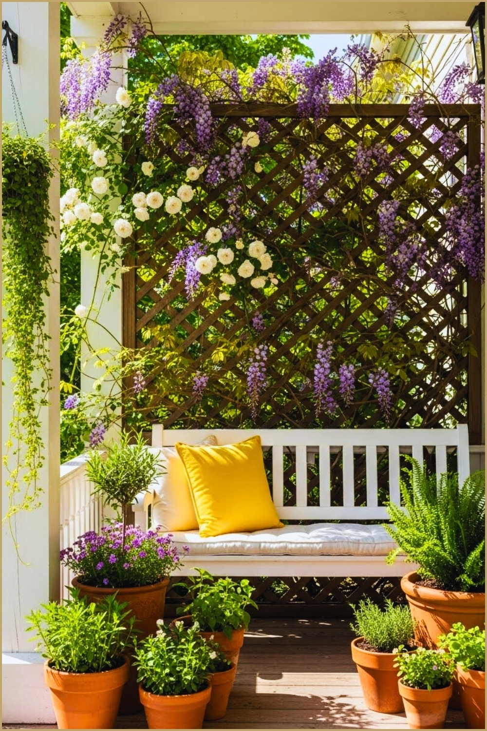 Charming Porch With Wooden Lattice Privacy Wall Covered