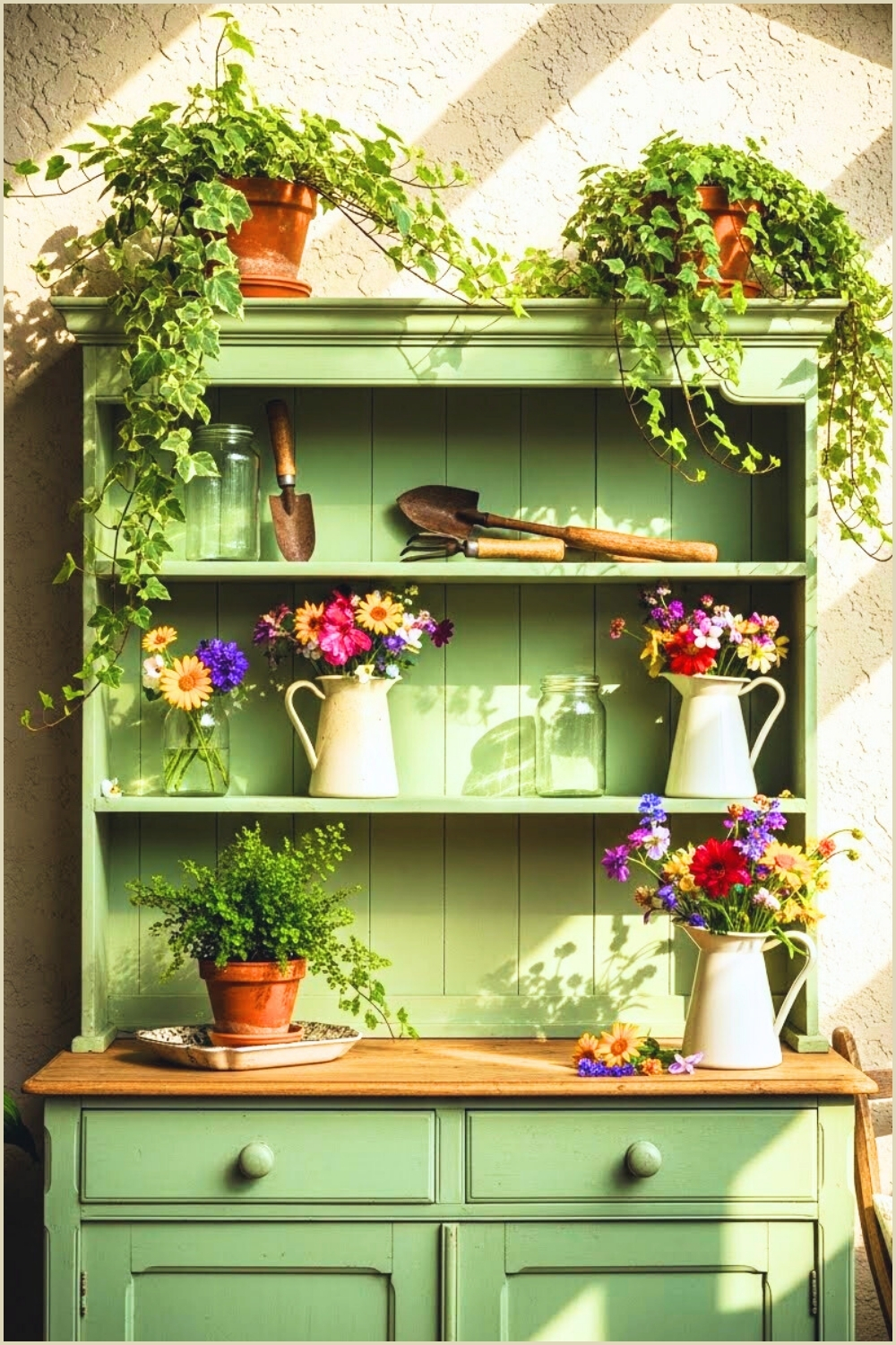 Charming Vintage Wooden Hutch Painted In Soft Sage Green