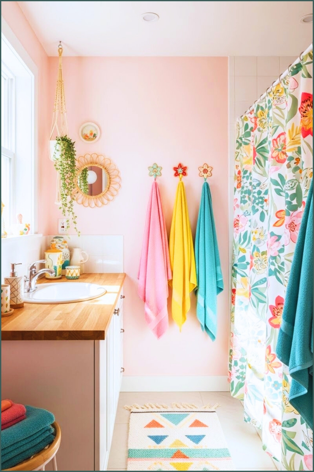 Cheerful Boho Bathroom With Colorful Towels Hanging