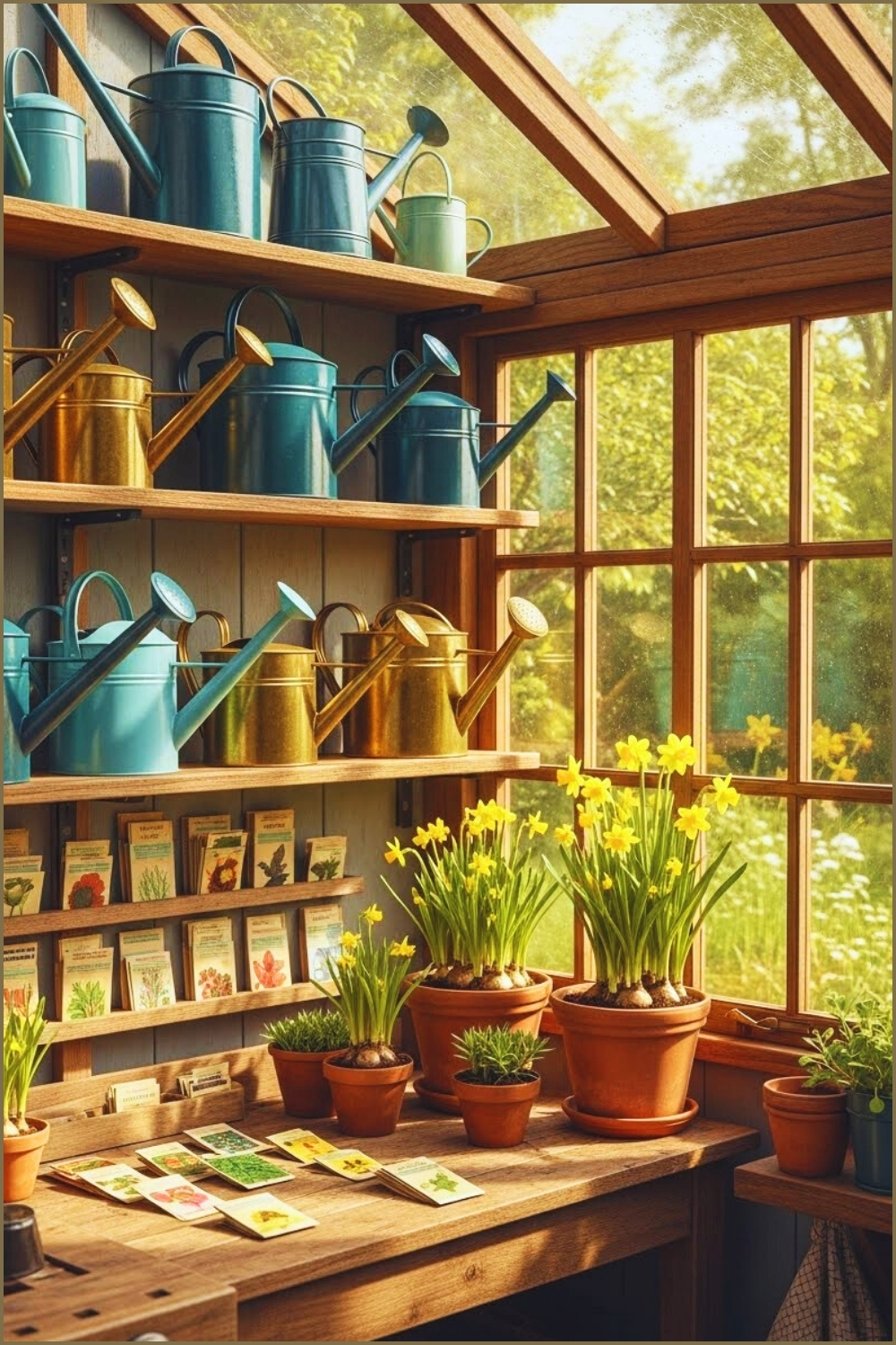 Cheerful Sunlit Potting Shed Interior Rustic Wooden Shelves