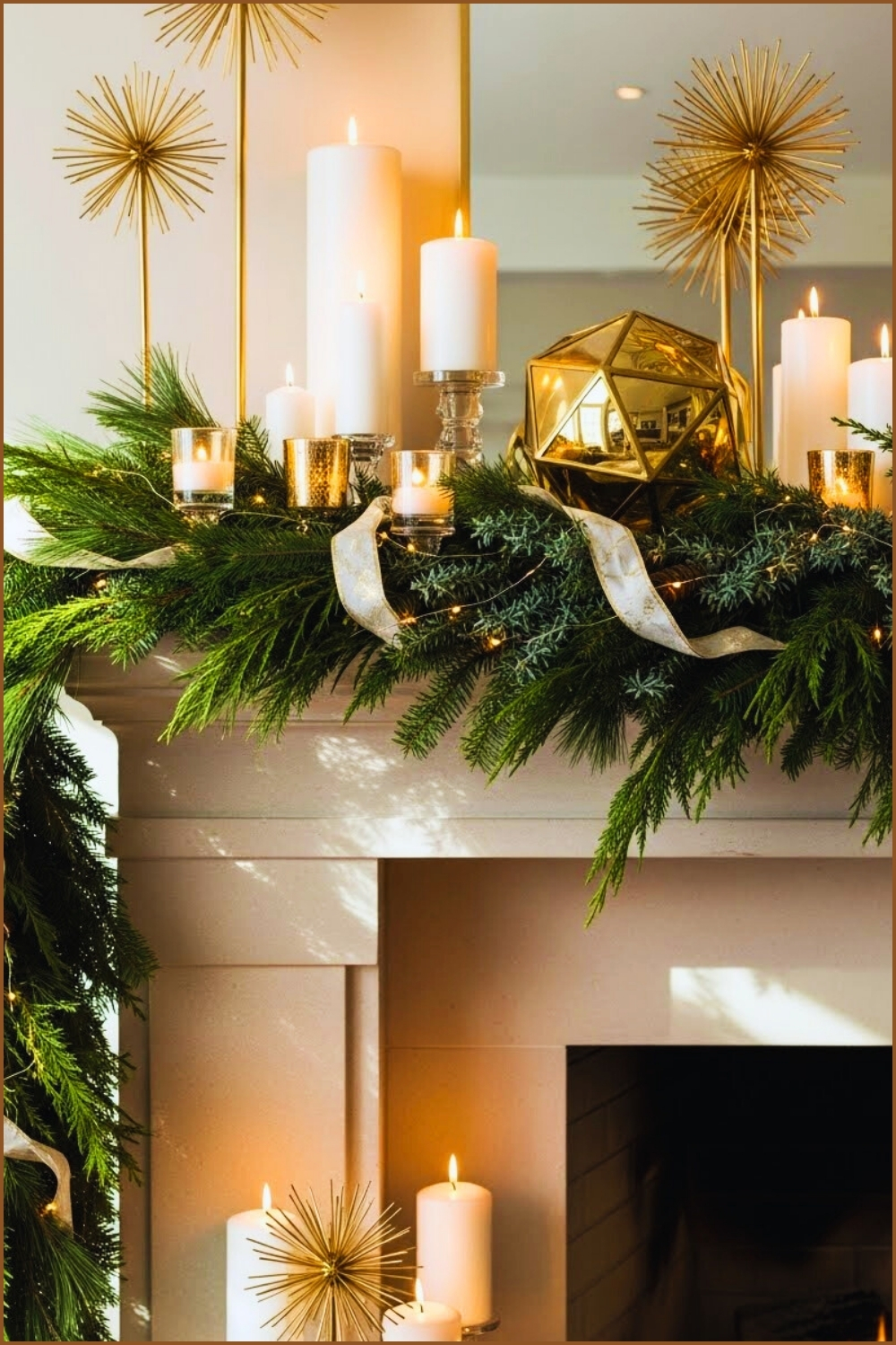 Chic Holiday Mantel With White Pillar Candles Gold Starburst Sculptures