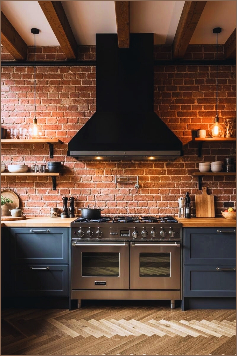 Chic Industrial Kitchen Interior Exposed Red Brick Walls
