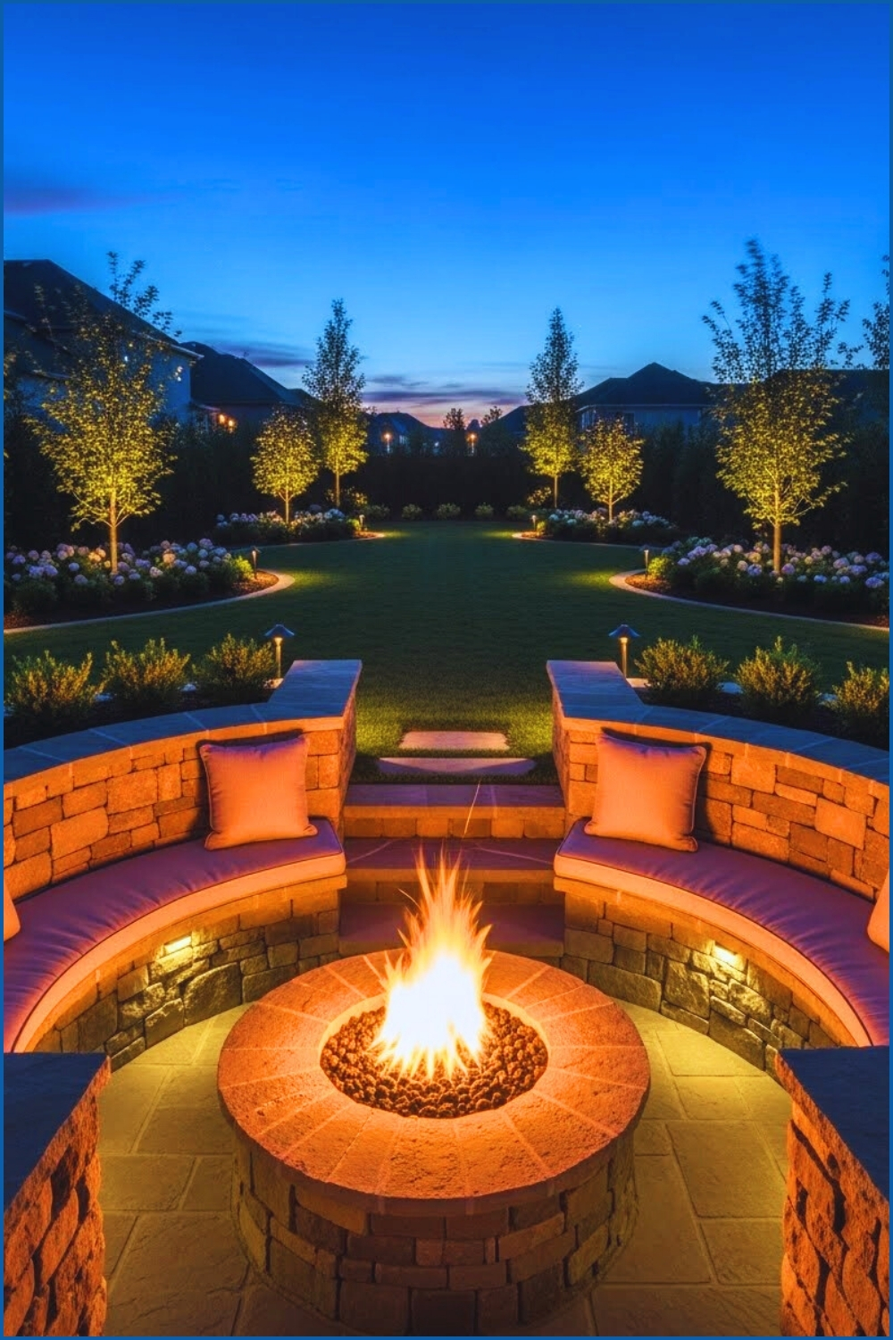 Circular Fire Pit With Built In Stone Seating Wall
