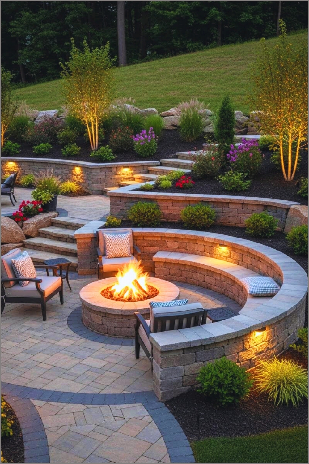 Circular Fire Pit With Curved Retaining Wall Seating