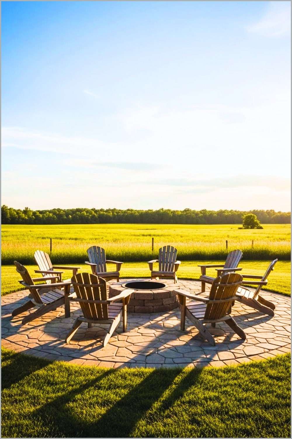 Circular Stone Patio With Central Firepit Rustic Wooden Chairs