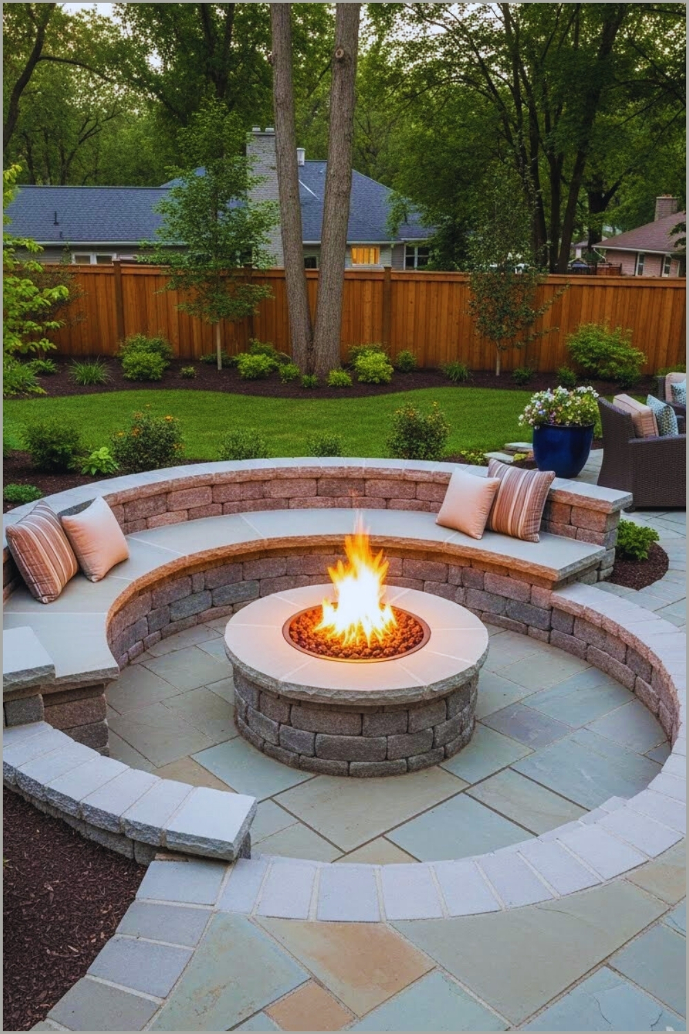 Circular Sunken Stone Fire Pit With Curved Built In Stone Bench Seating