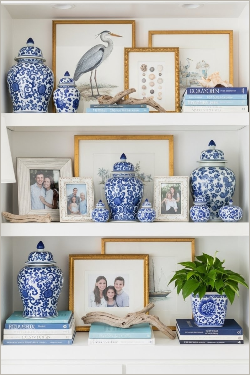 Classic Coastal Display Shelf With White Built In Shelves