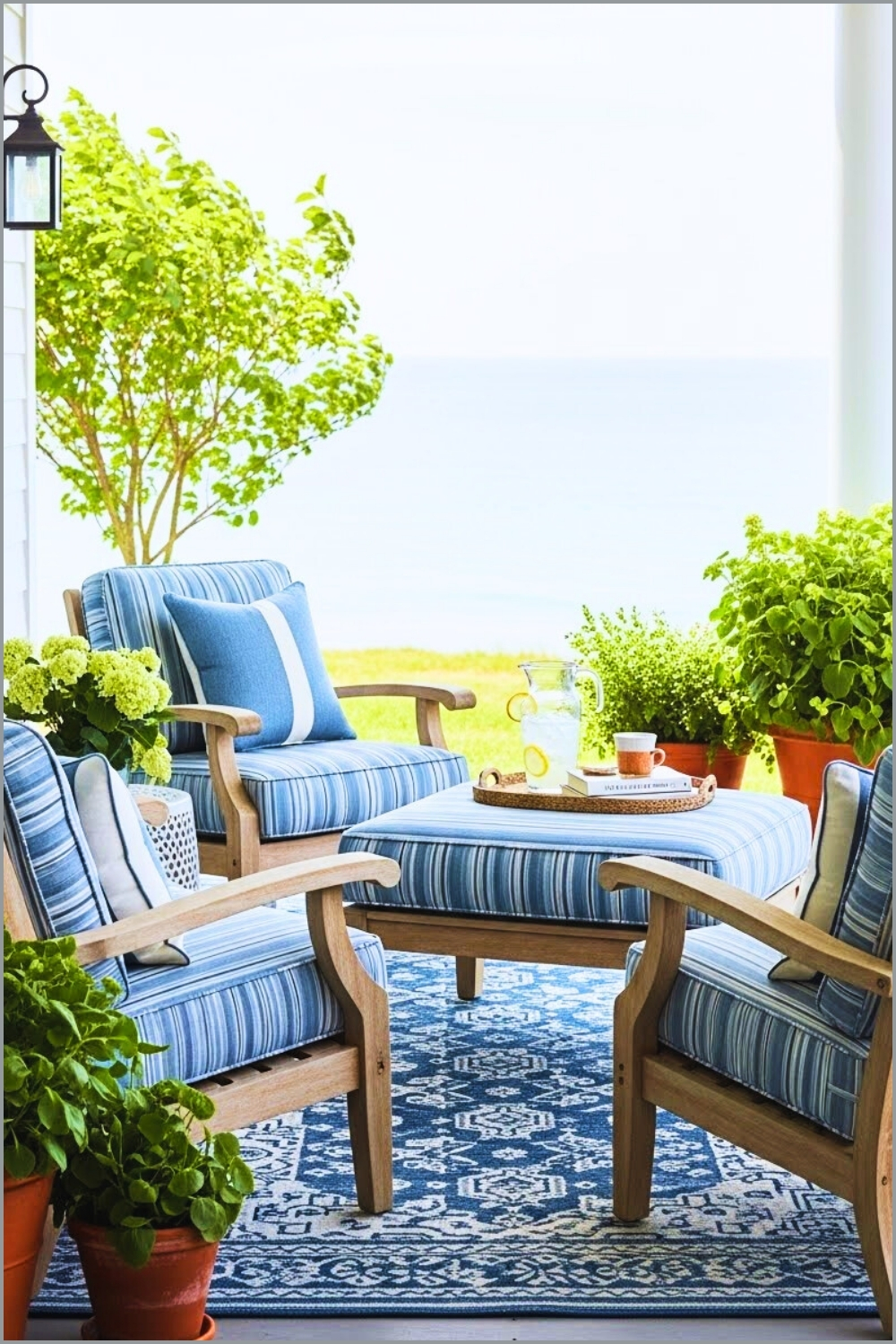 Classic Coastal-style Porch With Blue-striped Cushions