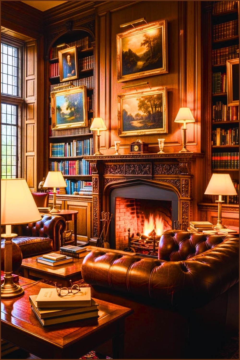 Classic English Style Home Library, Rich Wood Paneling