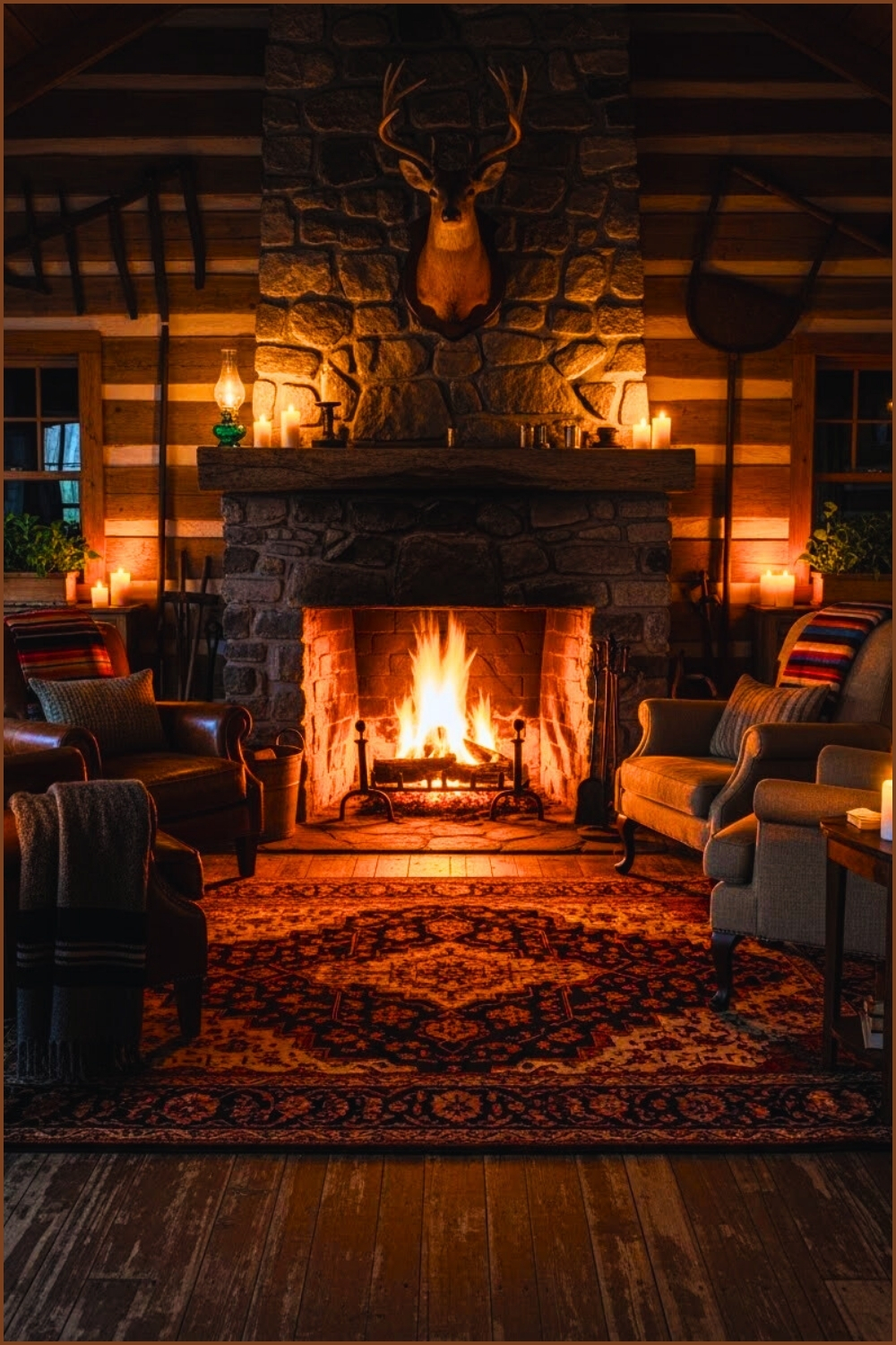 Classic Log Cabin Interior, Stone Fireplace With Roaring Fire