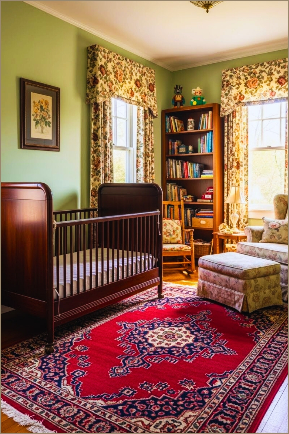 Classic Nursery Interior Antique Wood Crib Sage Green Wall Paint