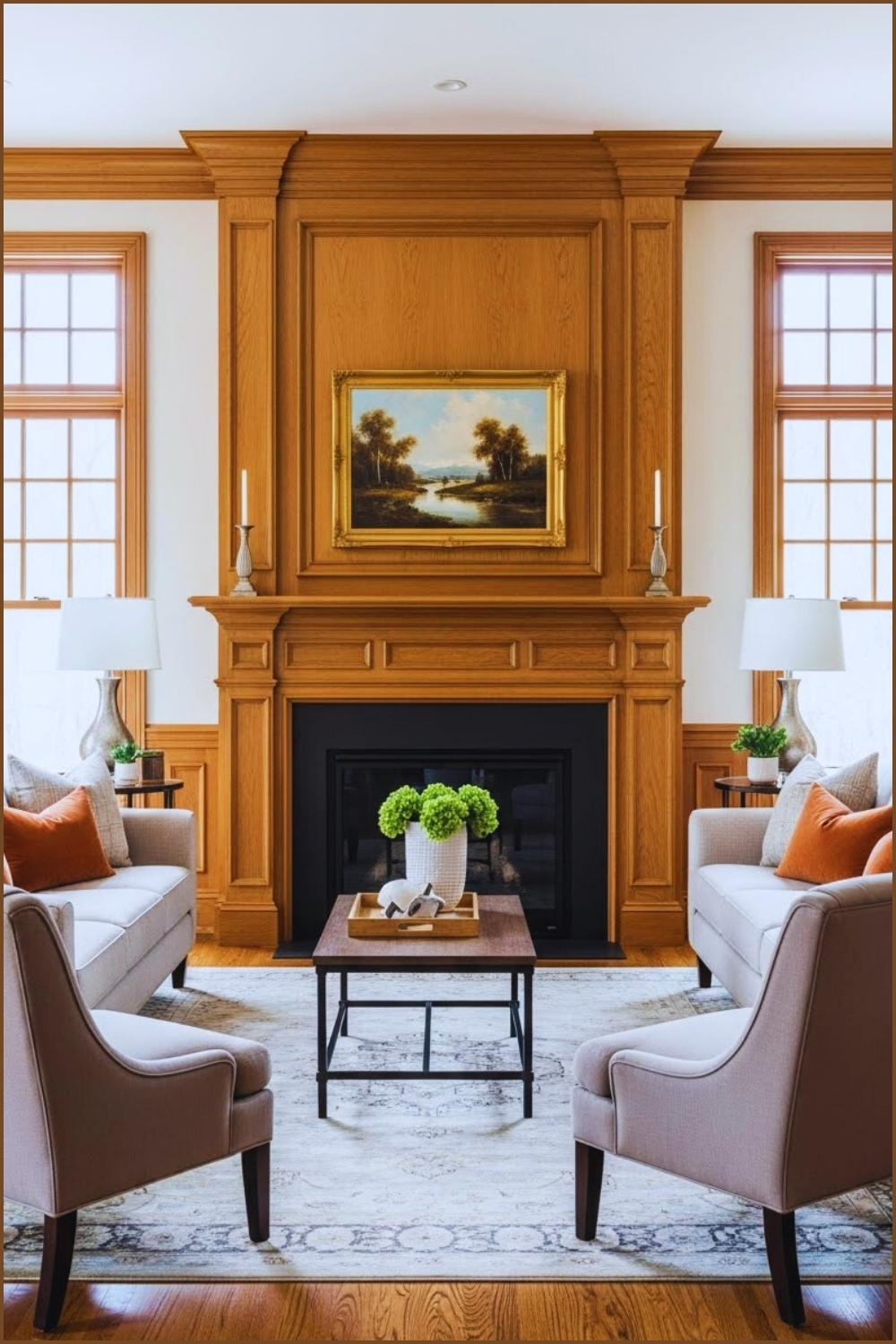 Classic Traditional Living Room With A Tall Wooden Mantel