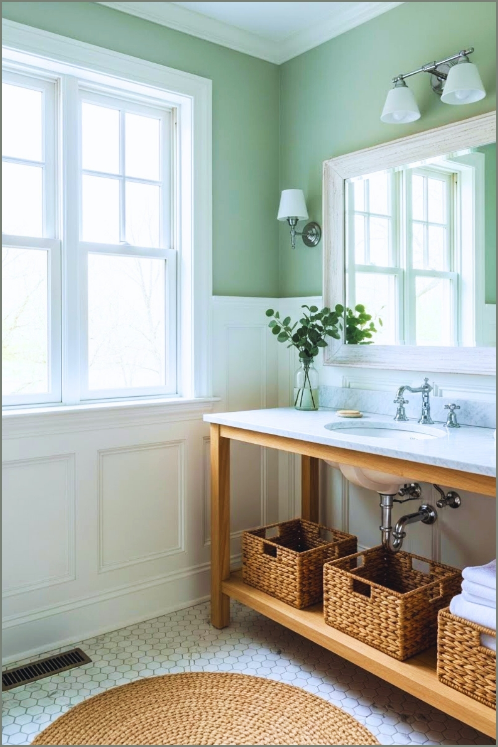 Classic White Bathroom With Paneled Wainscoting