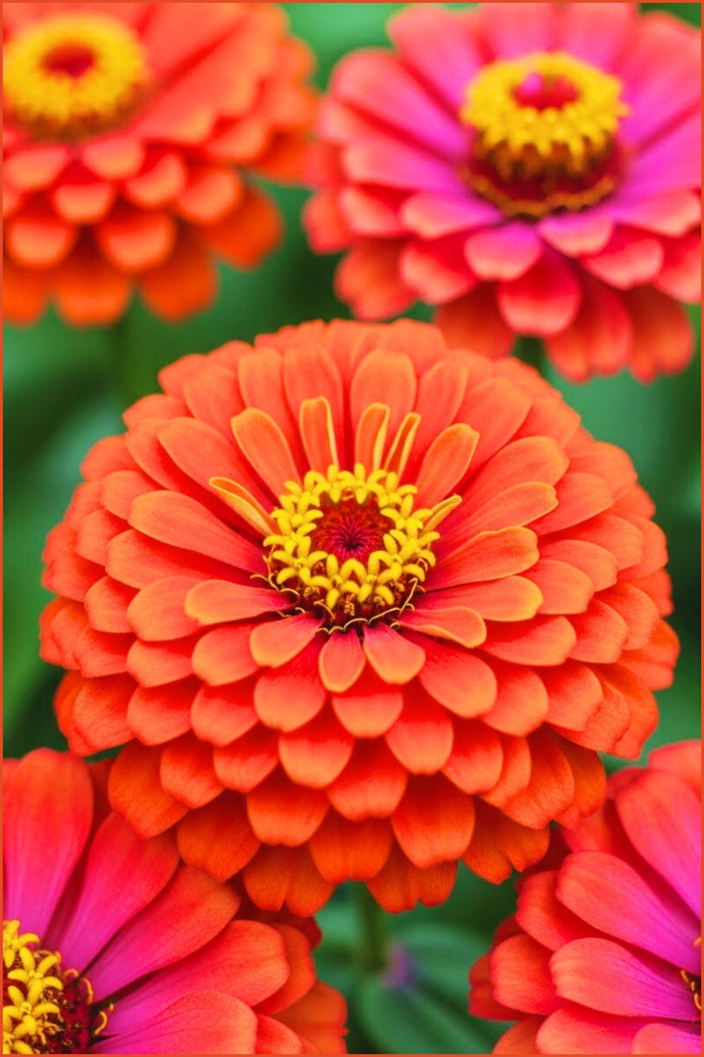 Close Up Macro Photograph Of Vibrant Zinnia Flowers
