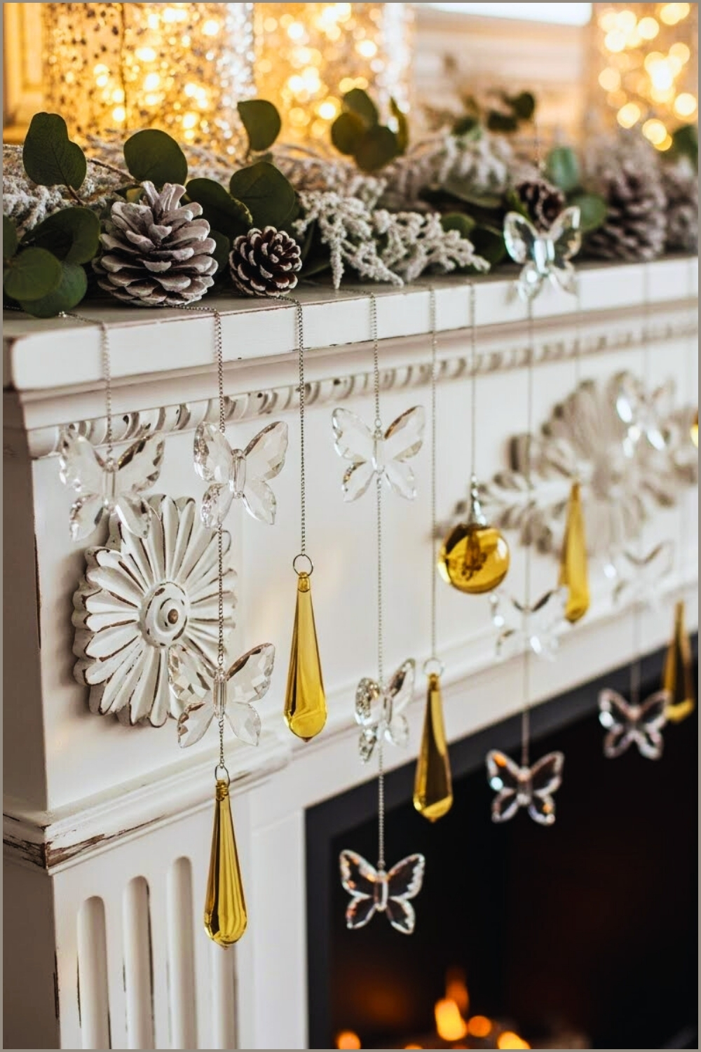 Close Up Of A Winter Mantel Decorated With Delicate Crystal