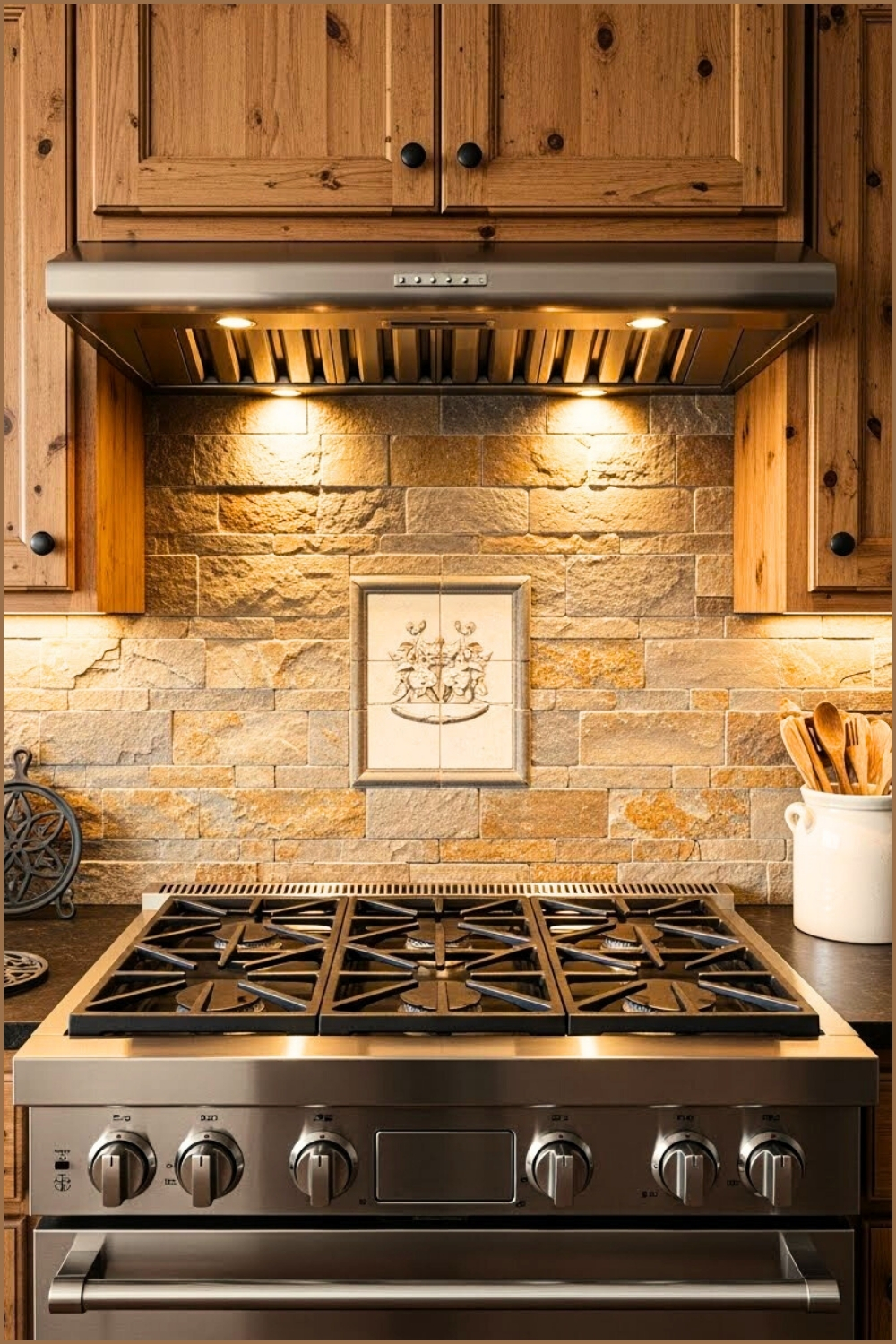 Close Up Rustic Kitchen Stove Area Warm Stone Tile Backsplash