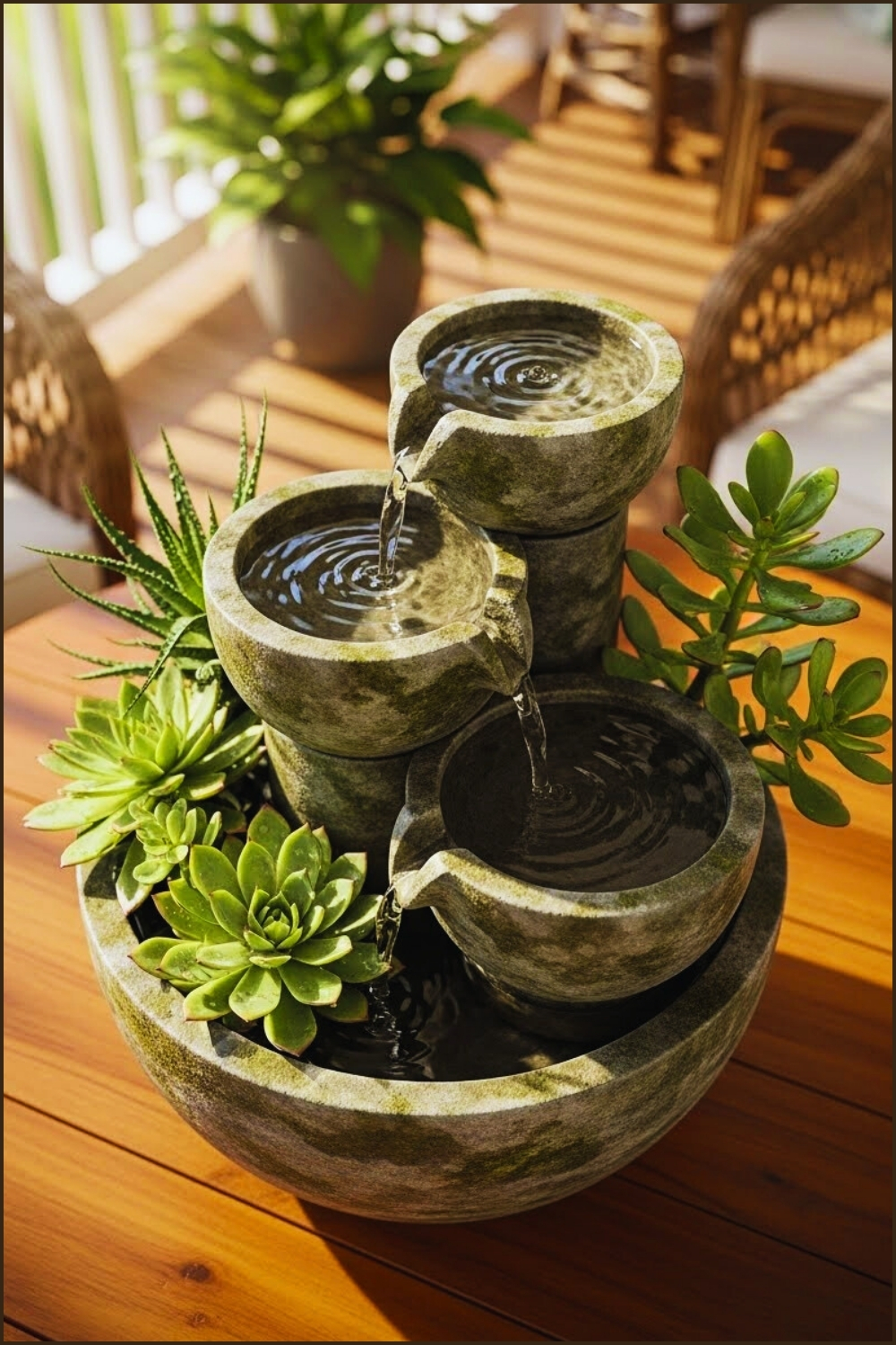 Close-up Of Tabletop Water Fountain On Wooden Round Table