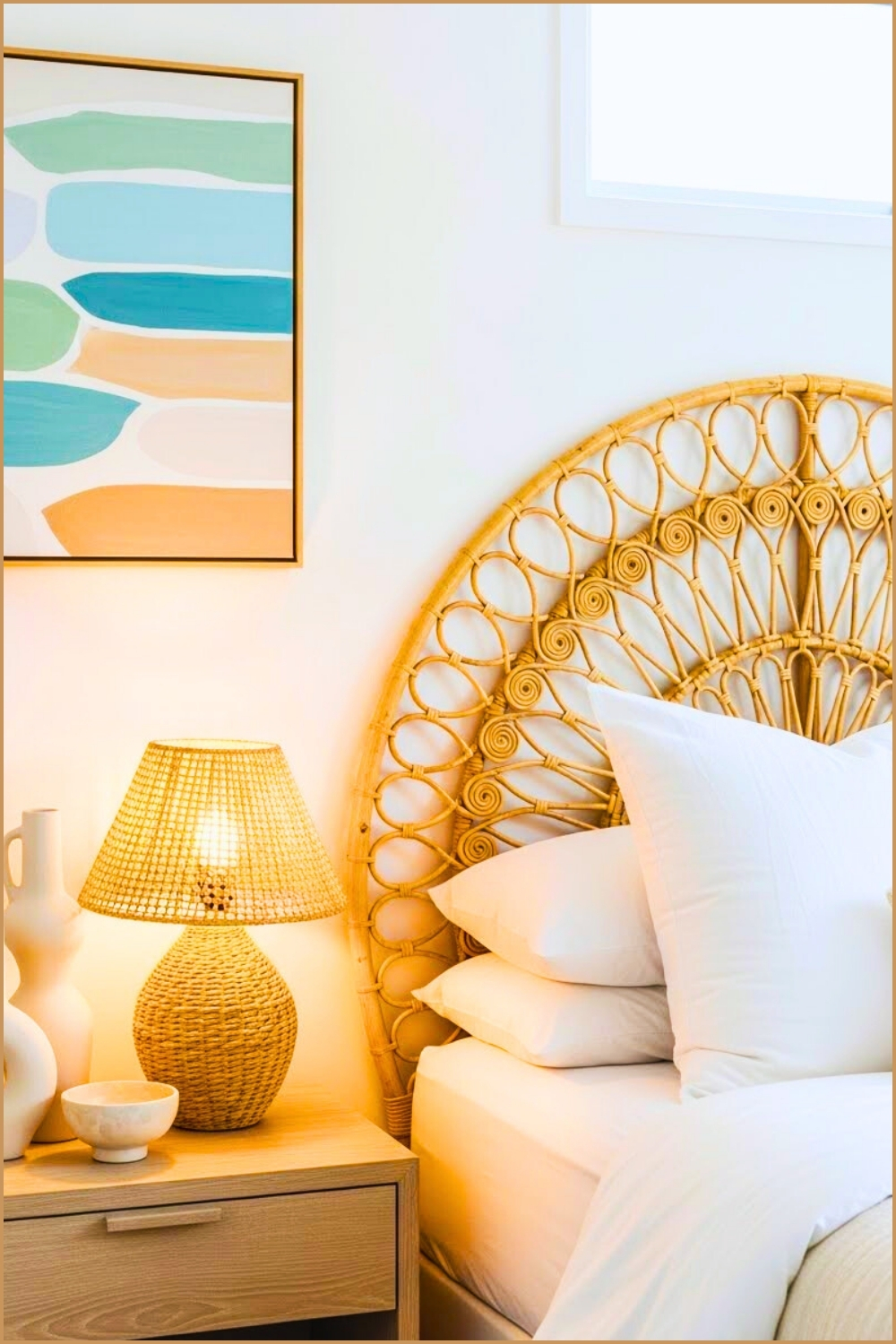 Coastal Bedroom Vignette Rattan Headboard Woven Texture
