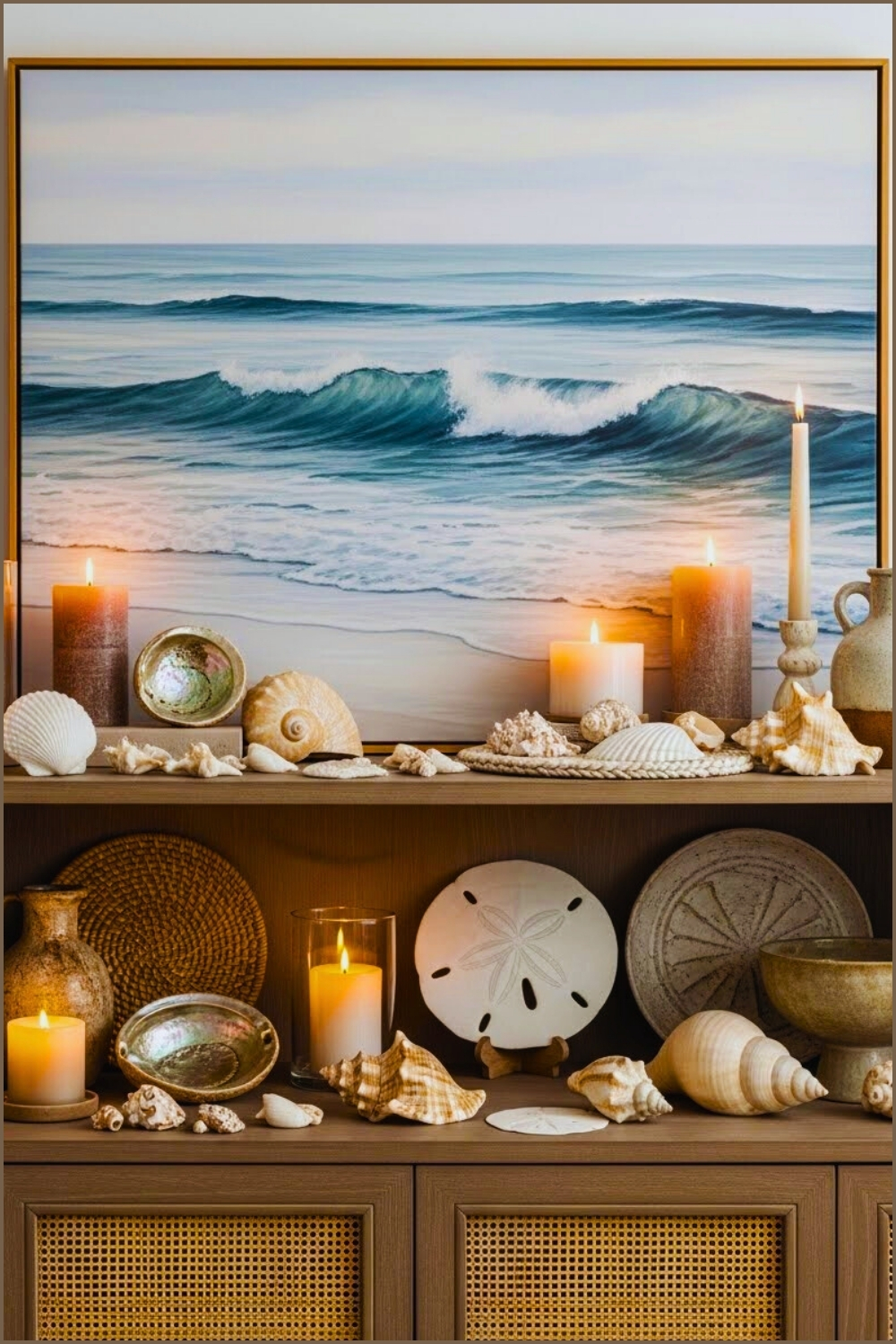 Coastal Shelf Styling Ocean Canvas Art Seashells And Candles