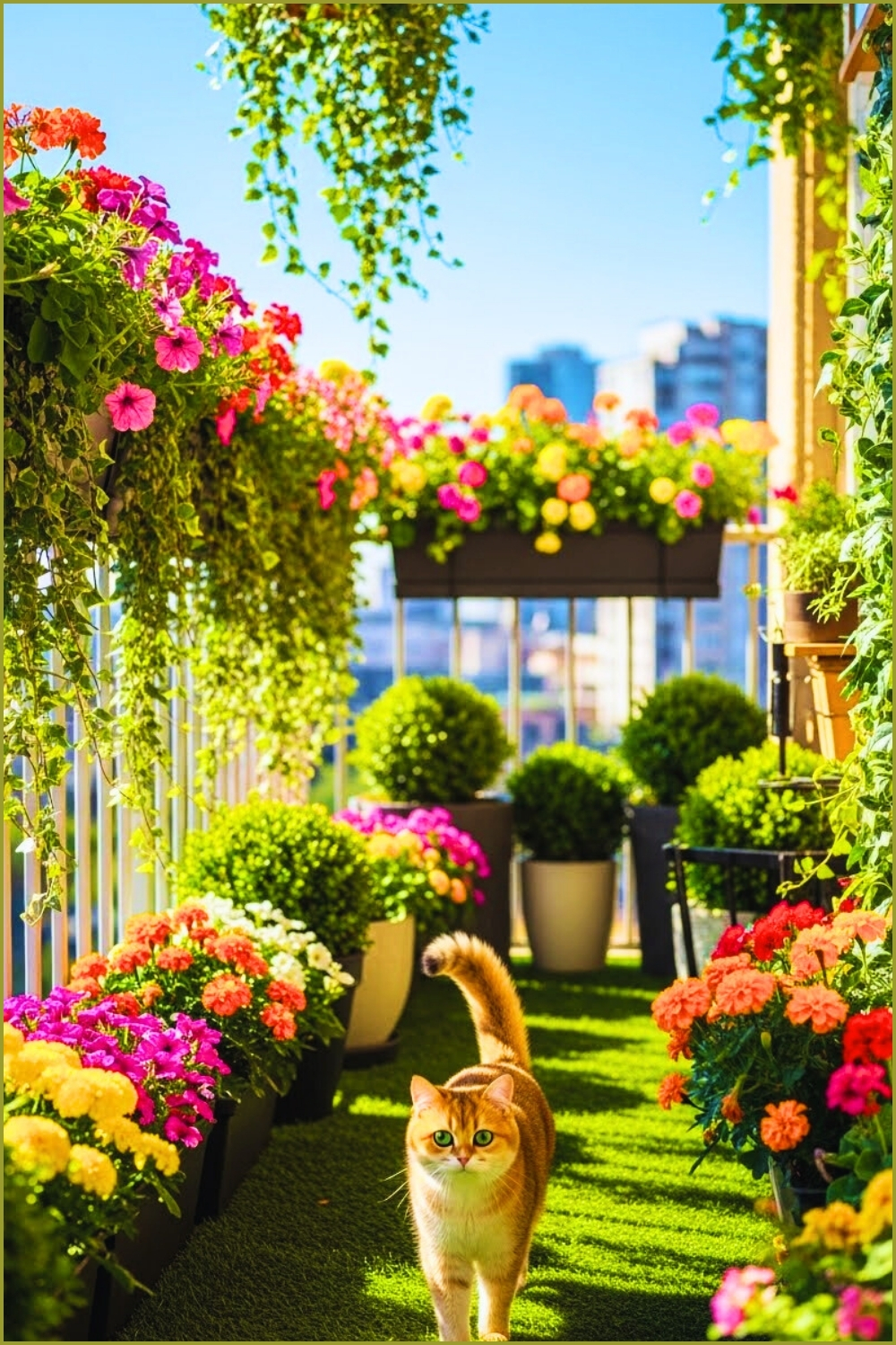 Colorful Balcony Garden With Bright Flowers In Railing Planters