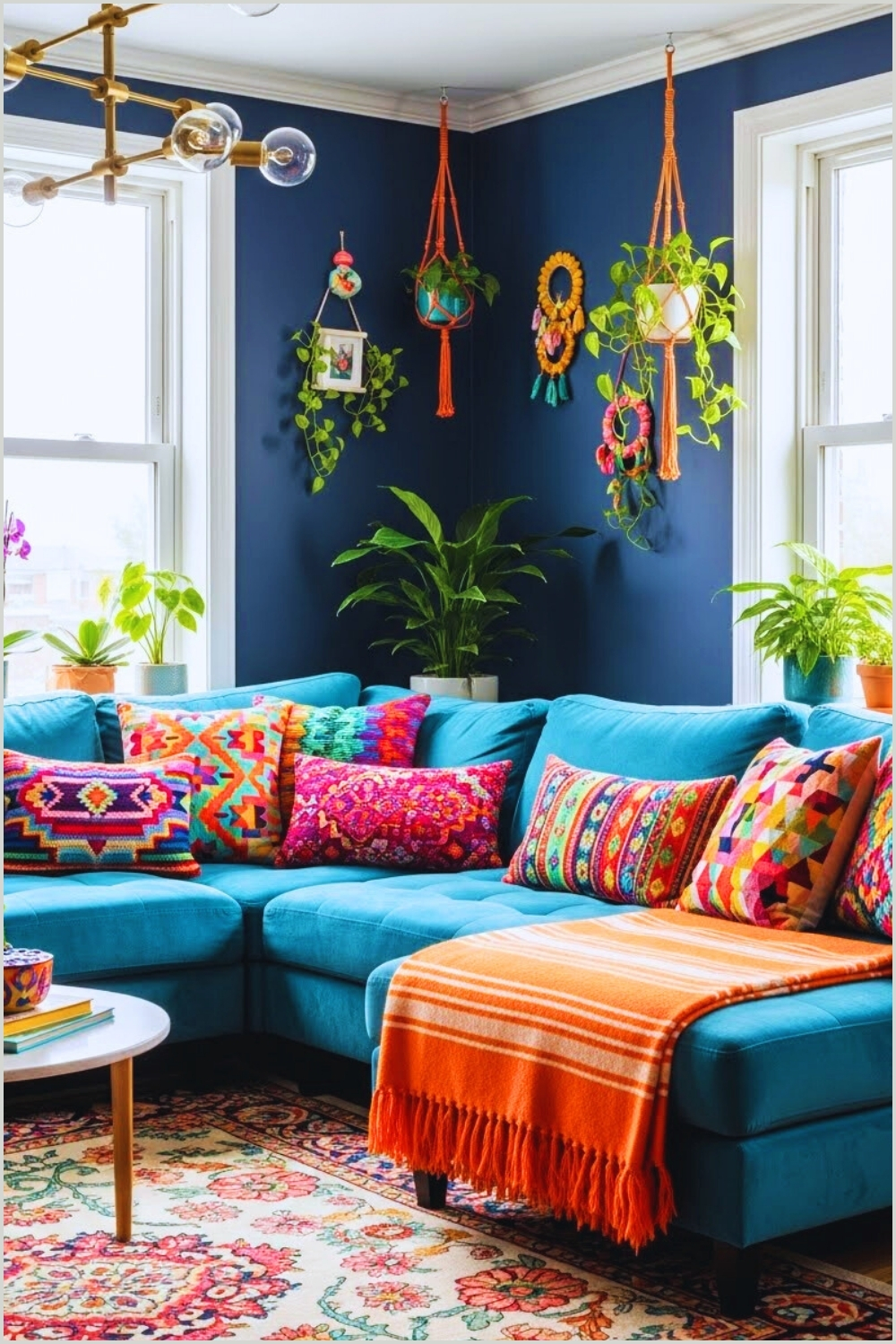 Colorful Bohemian Living Room With Teal Sectional Sofa