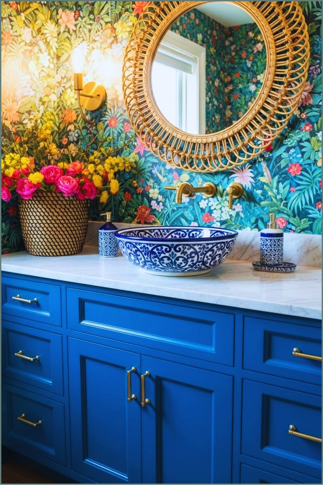 Colorful Boho Bathroom With Vibrant Tropical Floral