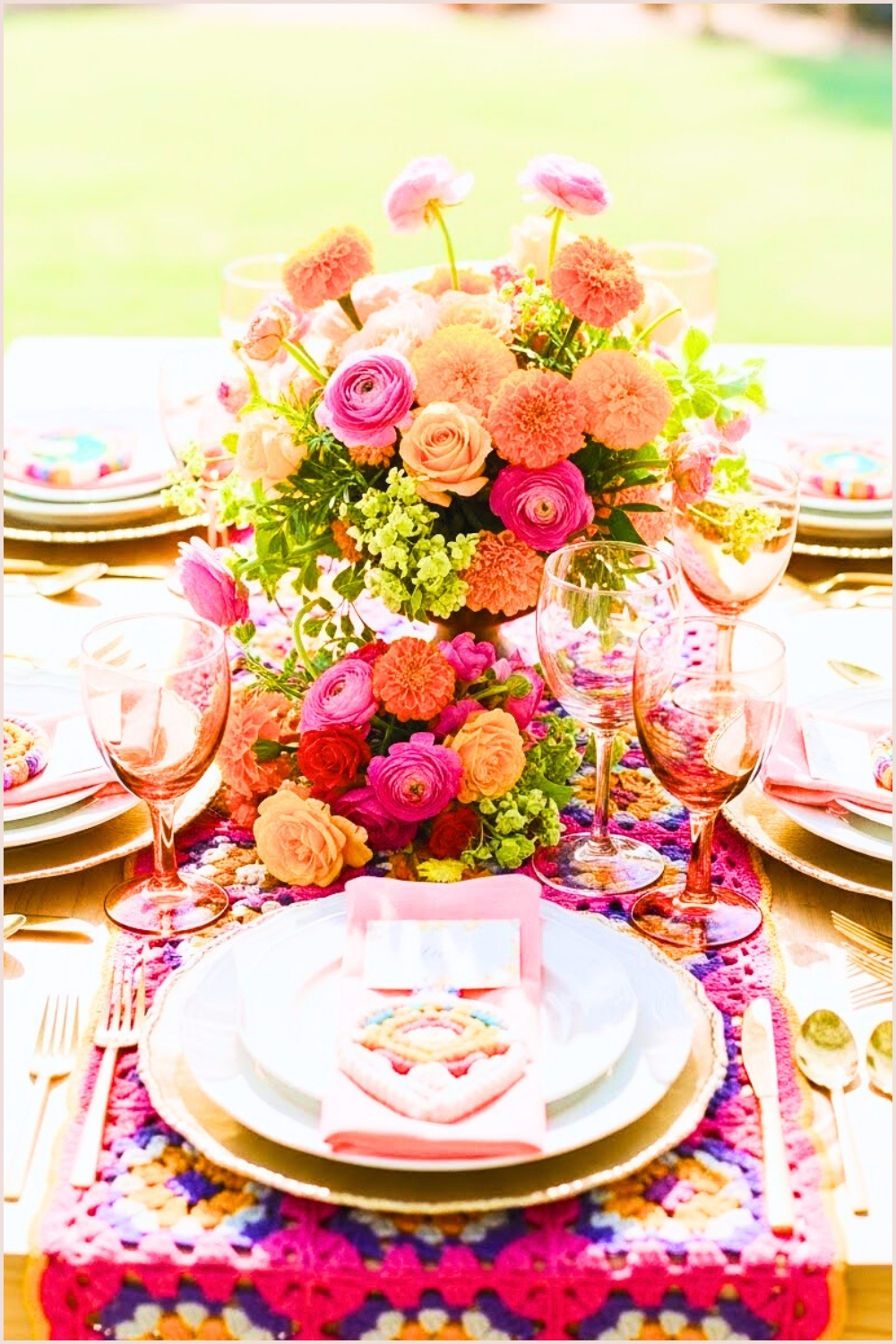 Colorful Floral Tablescape With Crochet Table Runner