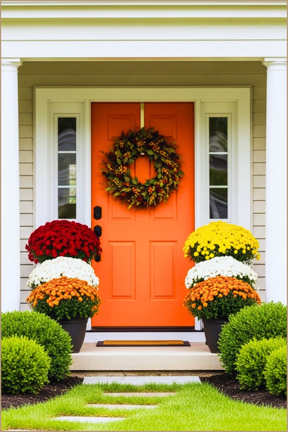 Colorful Front Porch With Bold Orange Front Door