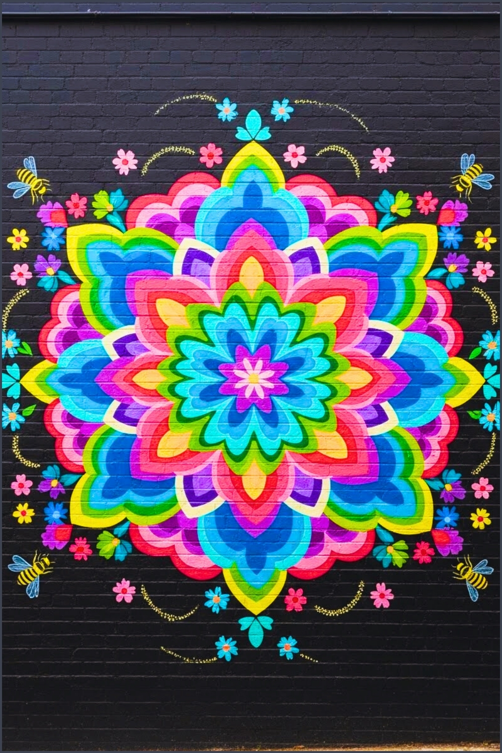 Colorful Geometric Floral Wall Mural Painted On A Textured