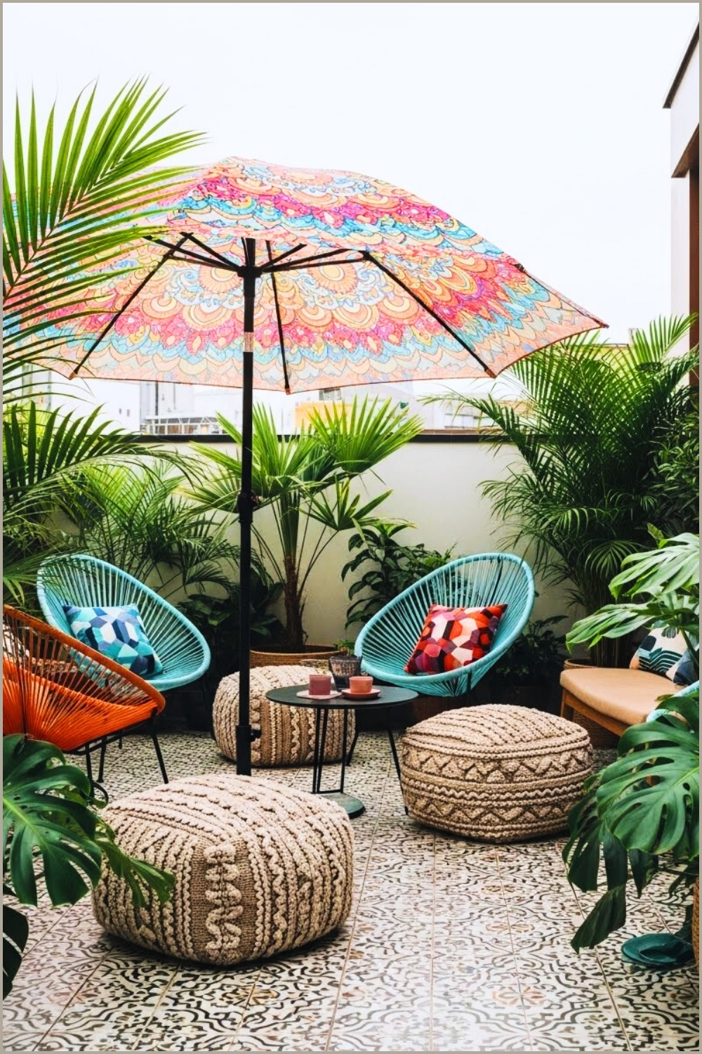 Colorful Mandala-pattern Umbrella In A Tropical Patio