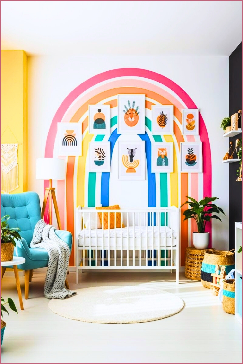 Colorful Nursery With Bright Rainbow Wall Mural, Bold Yellow