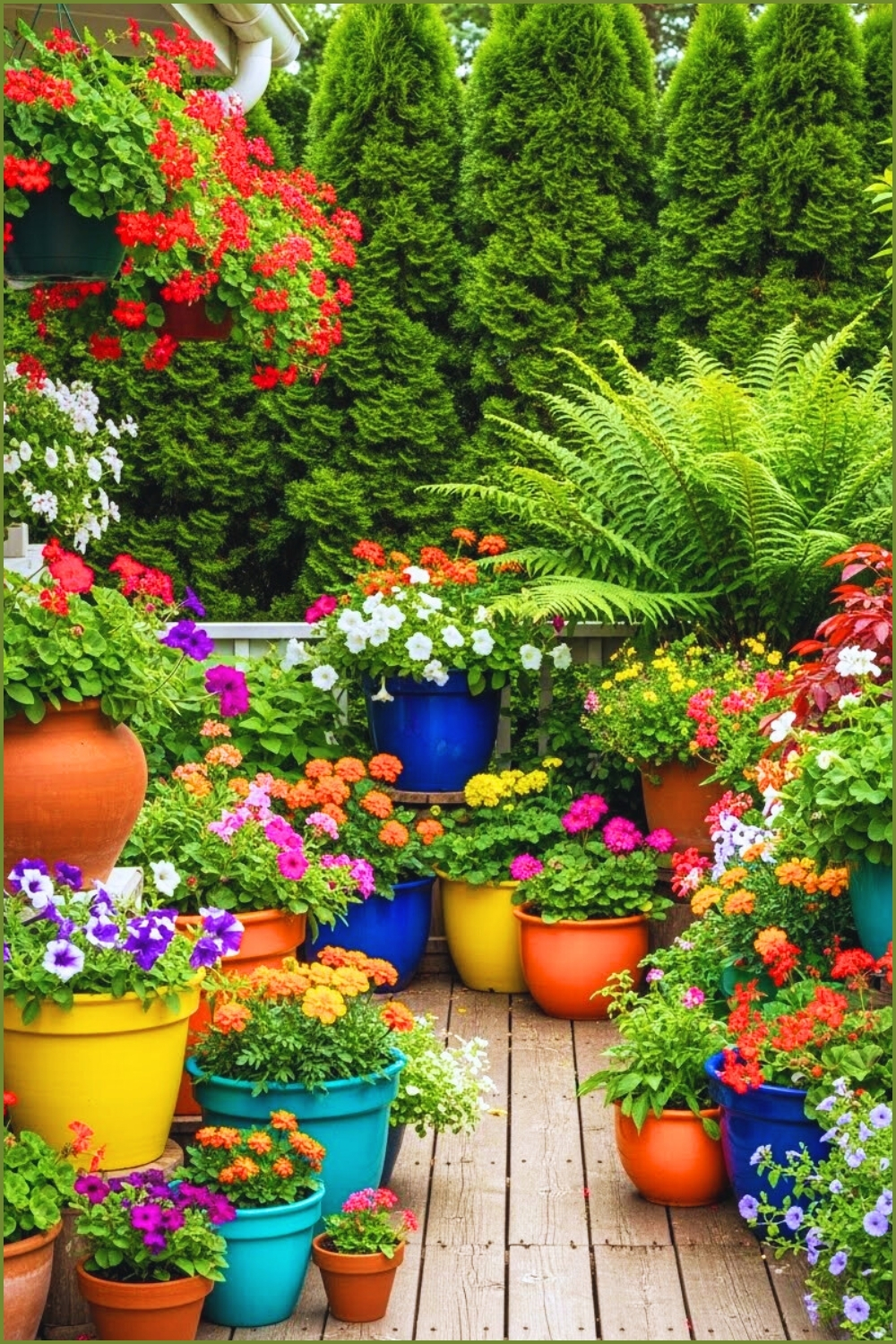 Colorful Outdoor Patio Garden Filled With Vibrant Potted Flowers