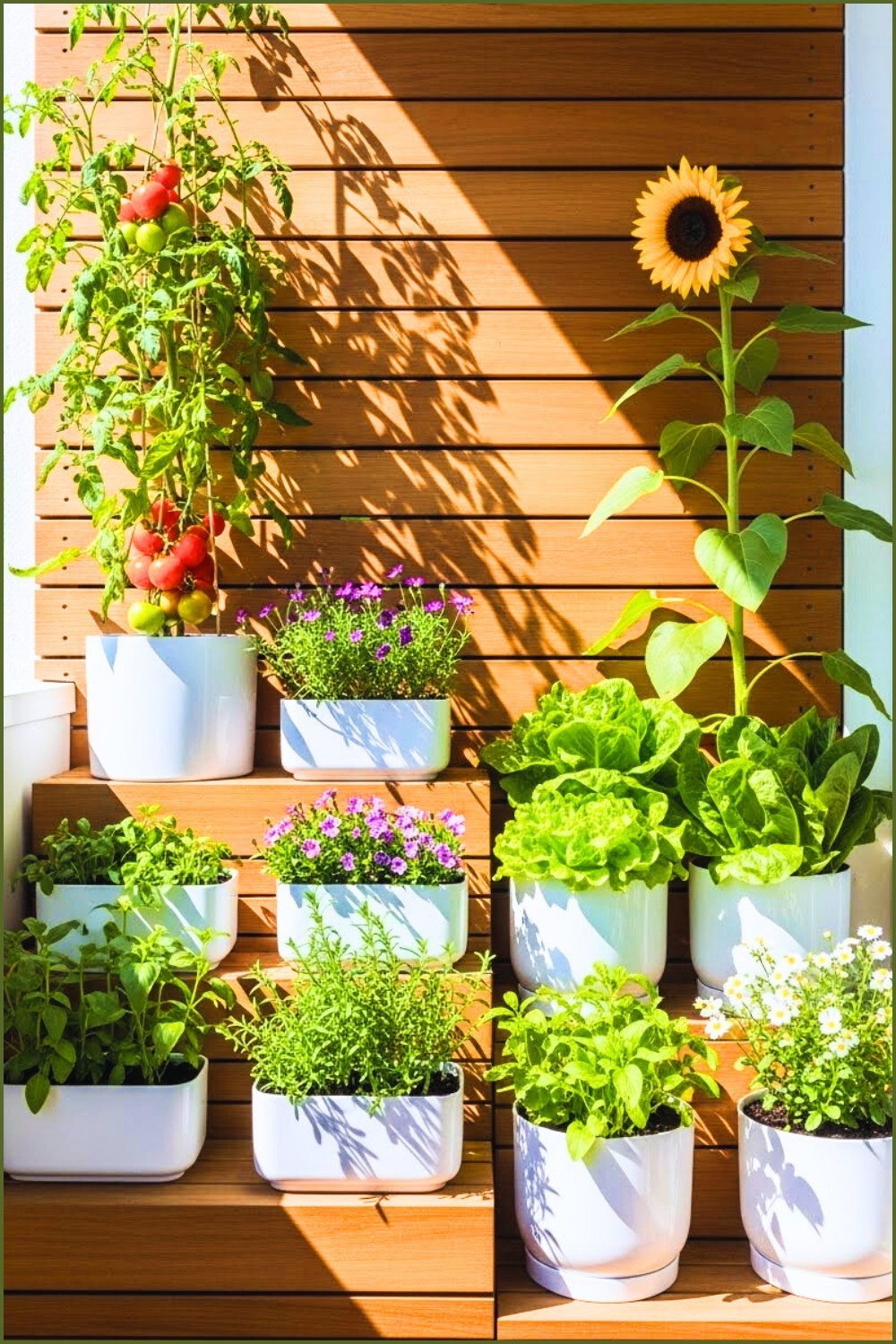 Compact Balcony With Tiered Wooden Planting Shelves