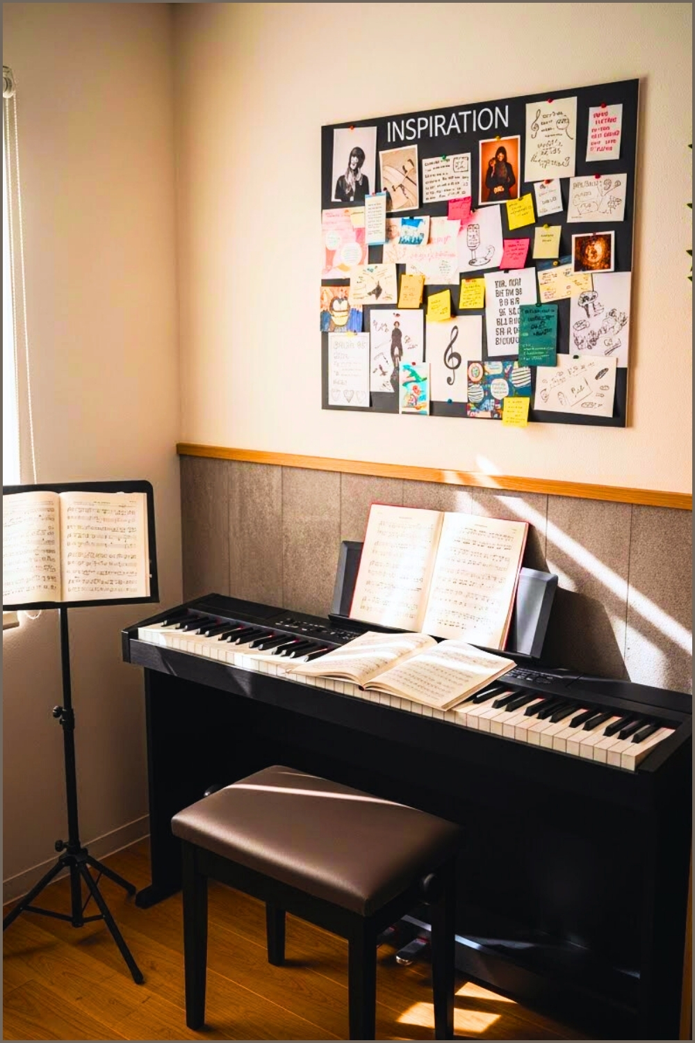 Compact Vocal Practice Room, Keyboard Piano With Open Music Books