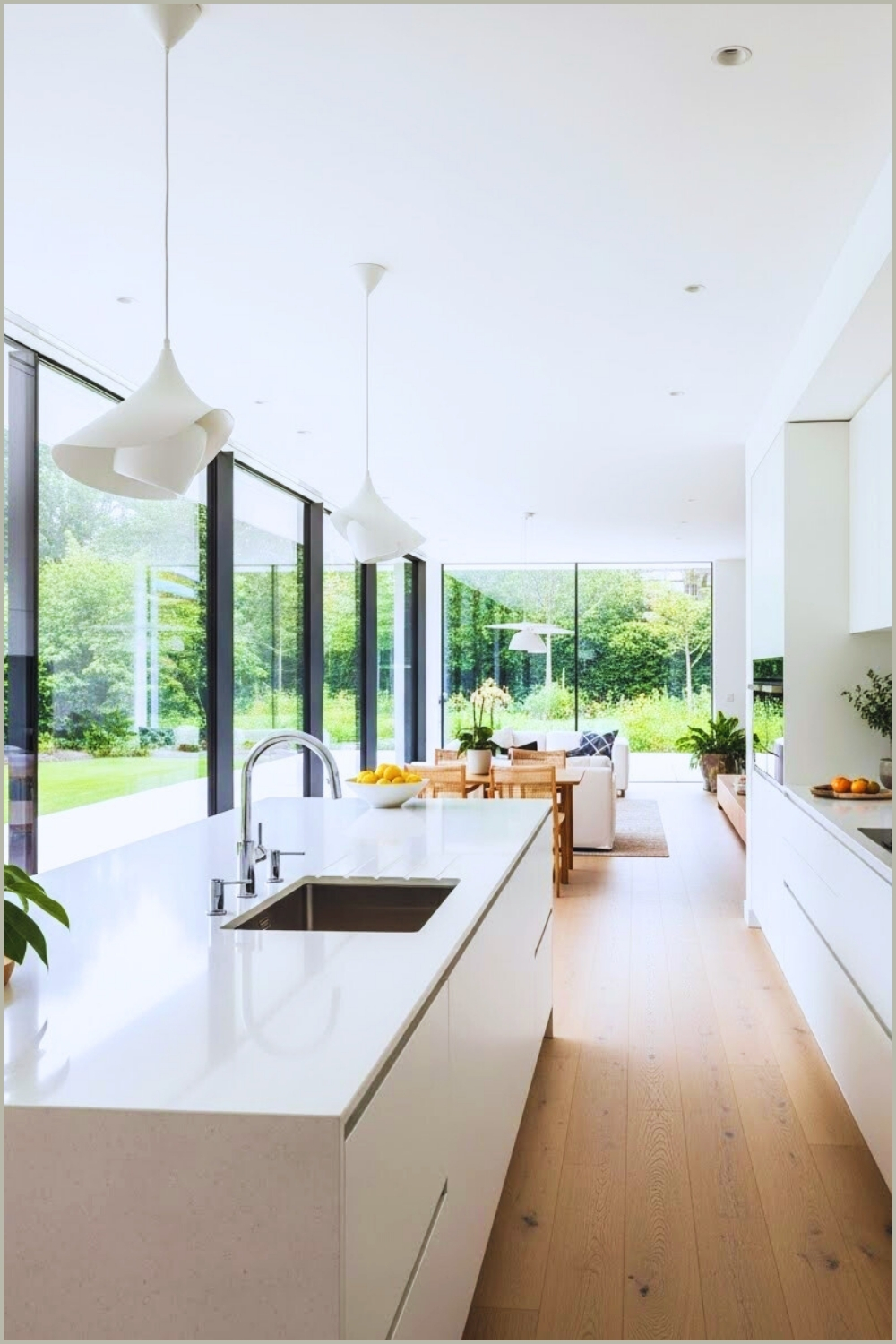 Contemporary Open Plan Kitchen Interior With Floor To Ceiling