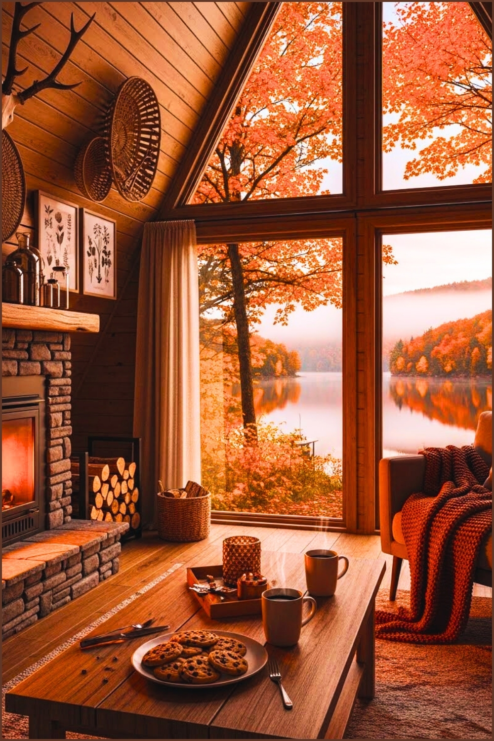 Cozy A-frame Cabin Interior With Panoramic Window