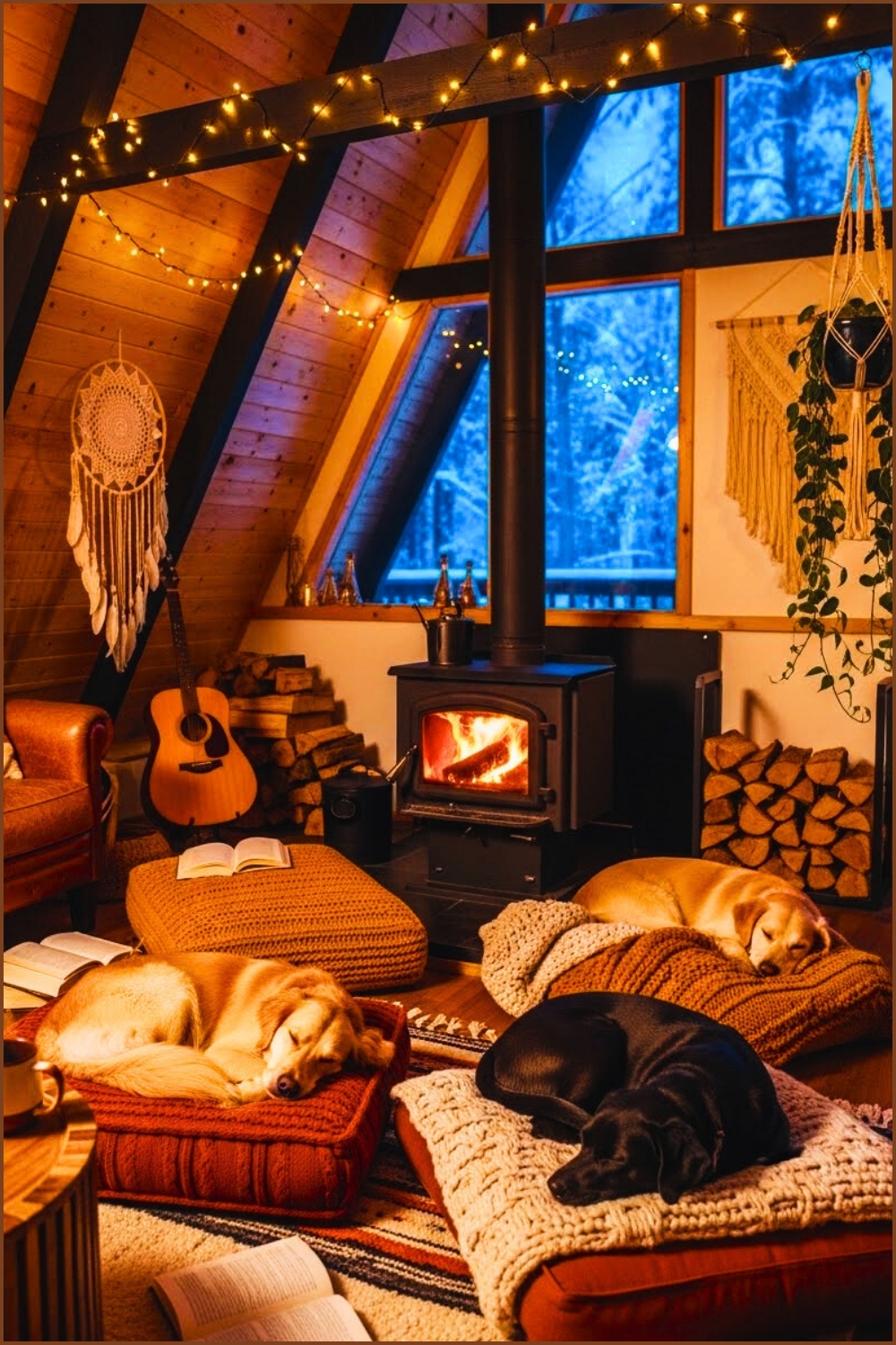 Cozy A-frame Cabin With Wood Stove Warm Glowing Fire
