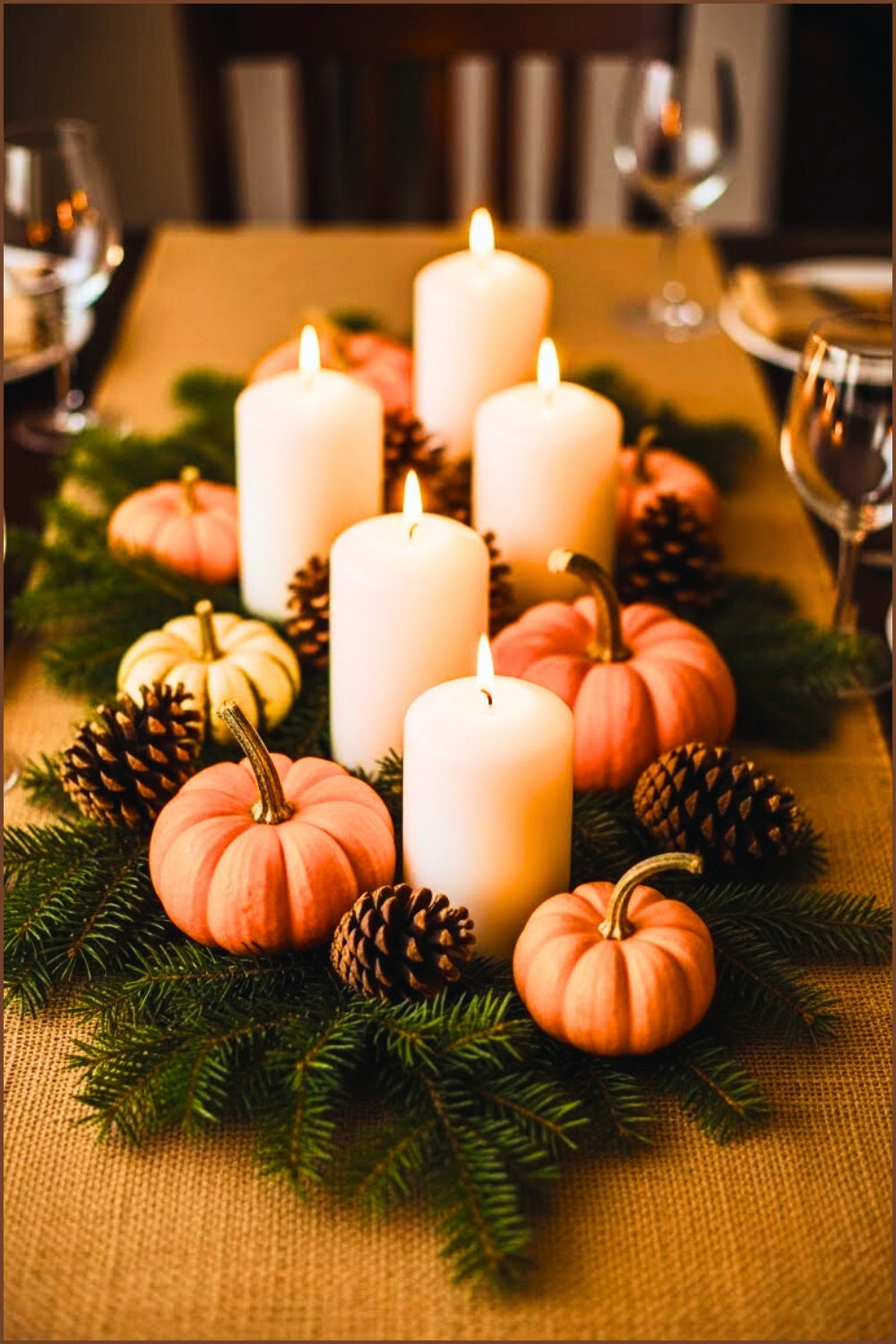 Cozy Autumn Tablescape With Tall White Pillar Candles