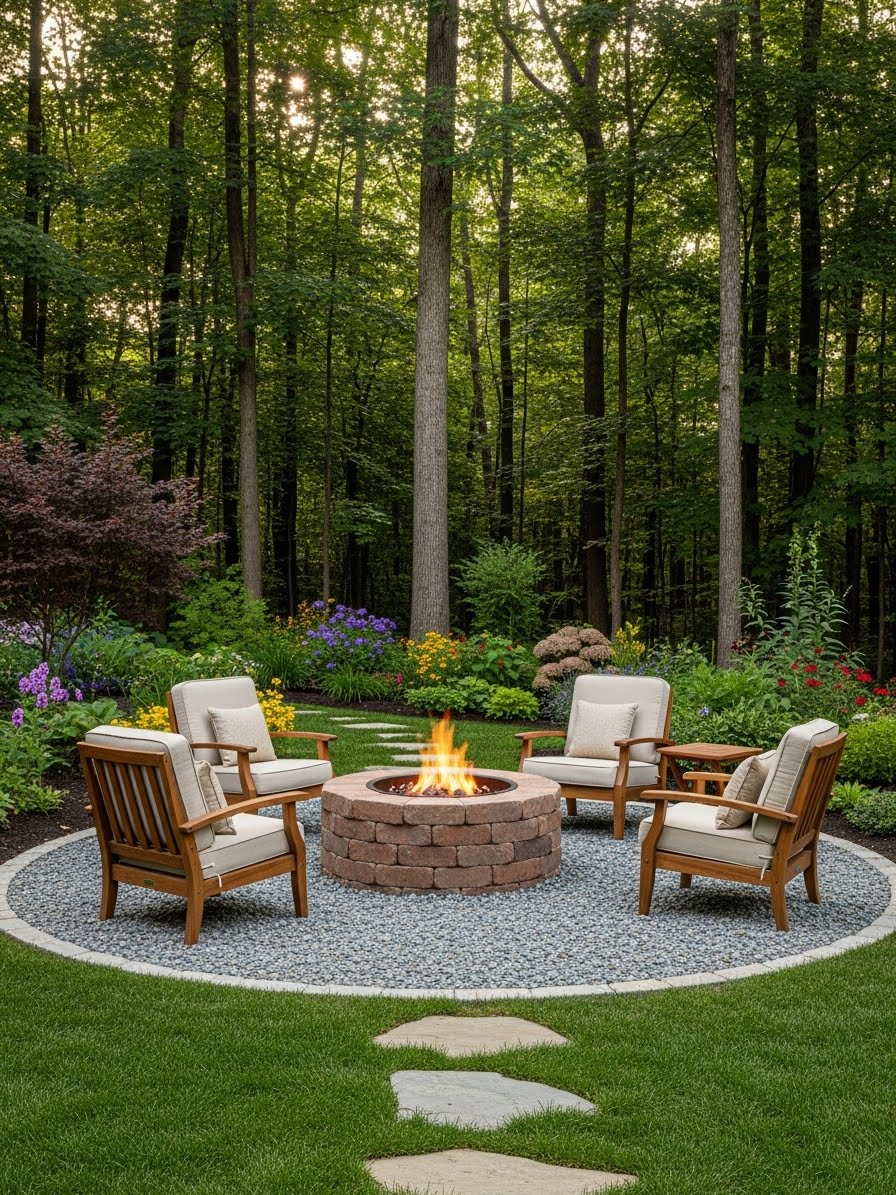 Cozy Backyard Firepit Made Of Round Stone Bricks